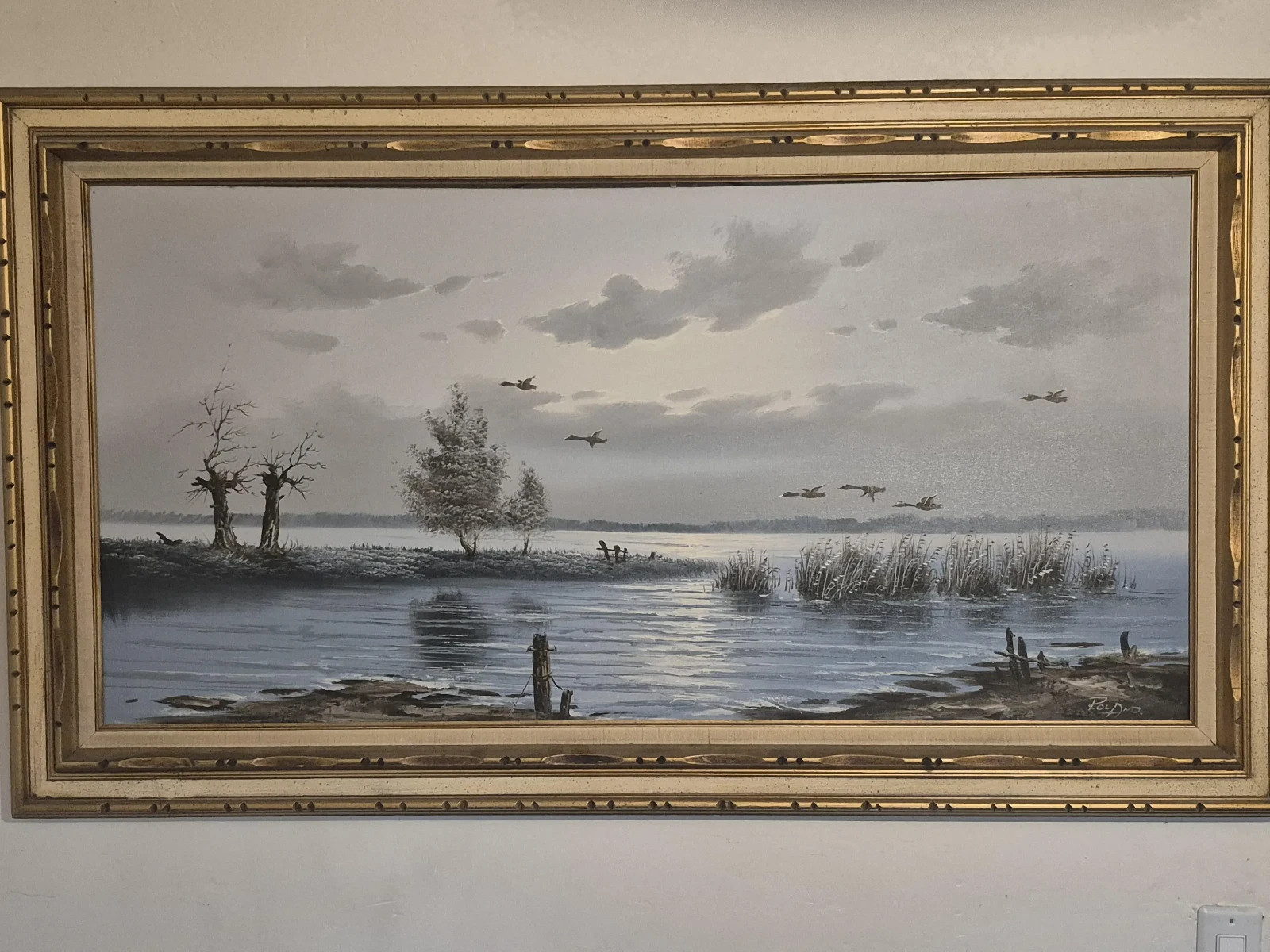 Vintage Framed Landscape Oil Painting Ducks Flying Over Lake Signed Roland Large