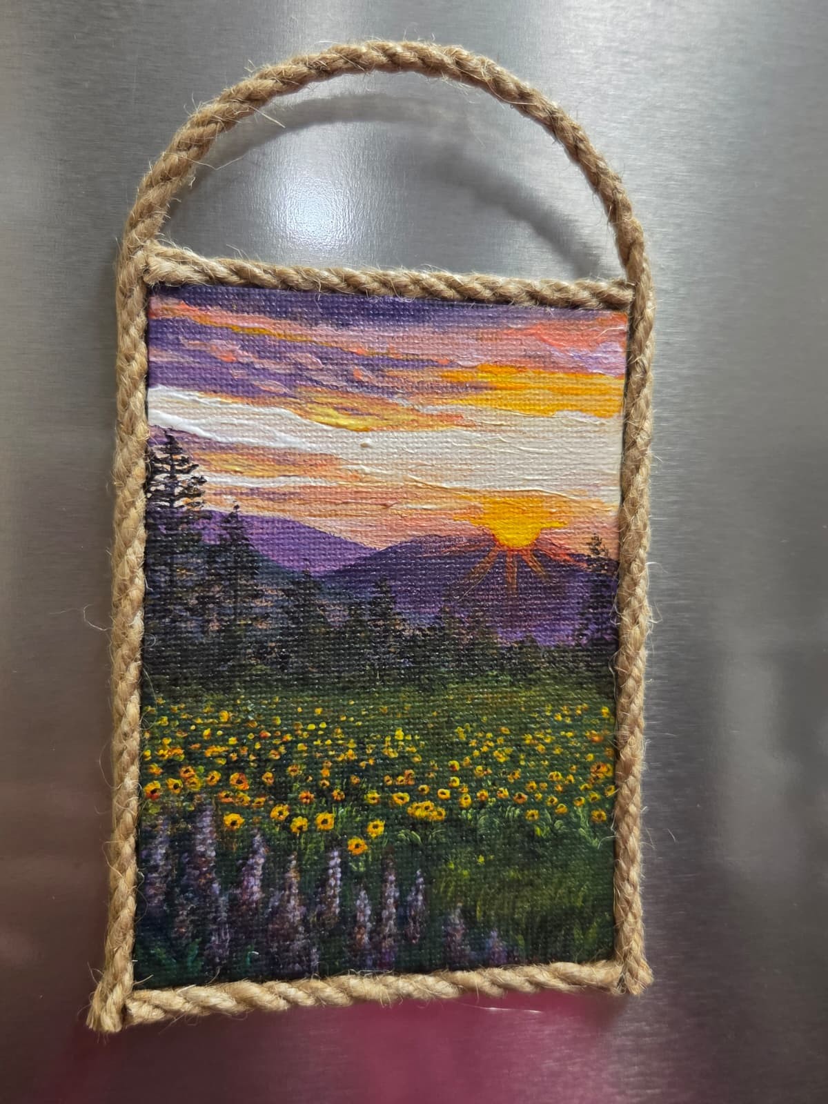 Original Wildflowers Sunset Mini Canvas Acrylic Fridge Magnet Painting 4.2×3 In