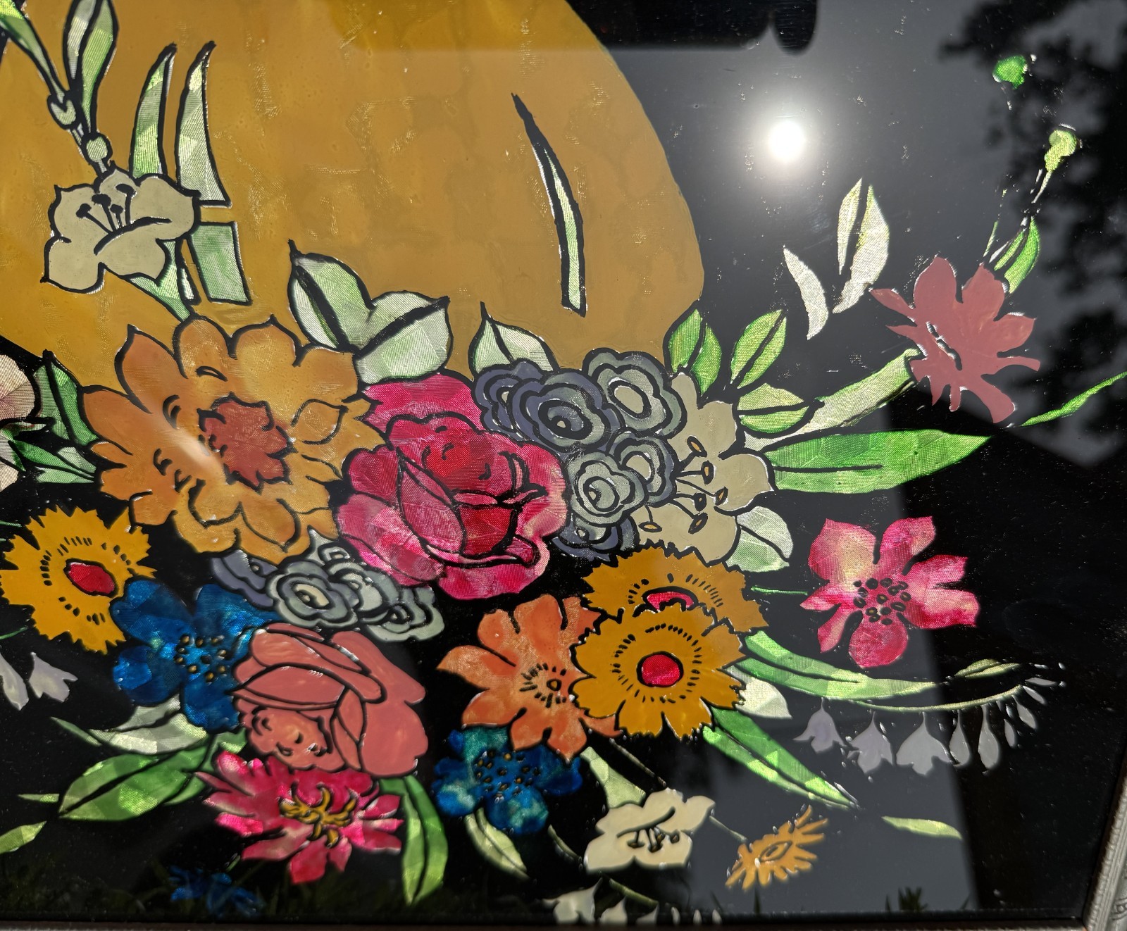 VINTAGE 1958 TINSEL REVERSE GLASS FRAMED PAINTING FLORAL BOUQUET FOLK ART NICE