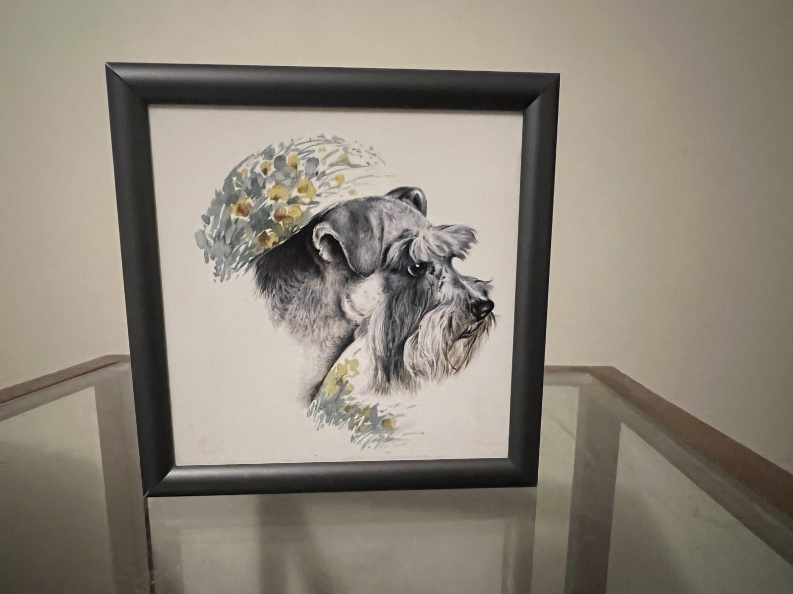 Framed Schnauzer Dog Artwork Realistic Pet Portrait Pewter Frame