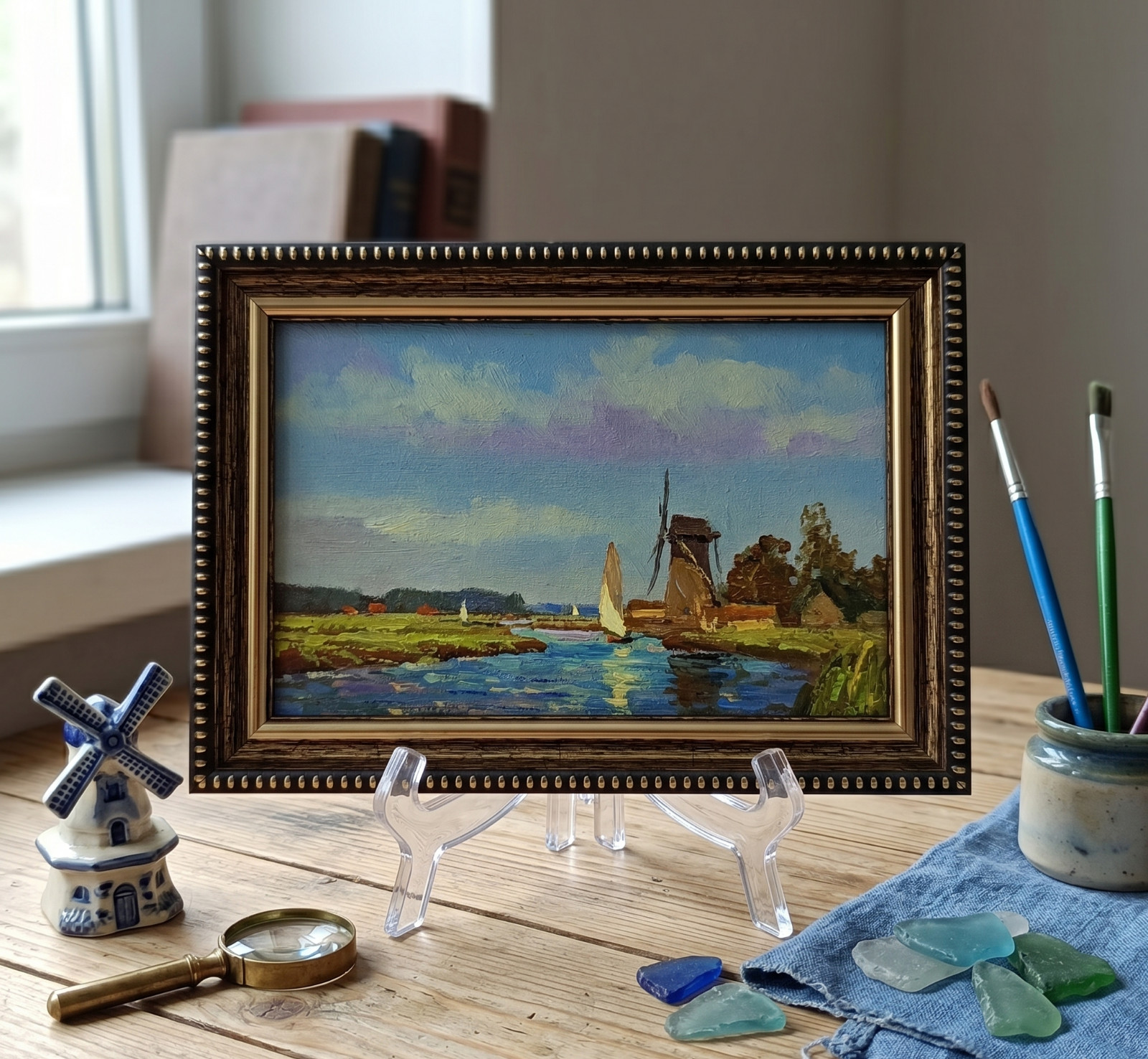 Sailboat Original Oil Painting 6×4 Framed Signed Vintage Marine Landscape Art