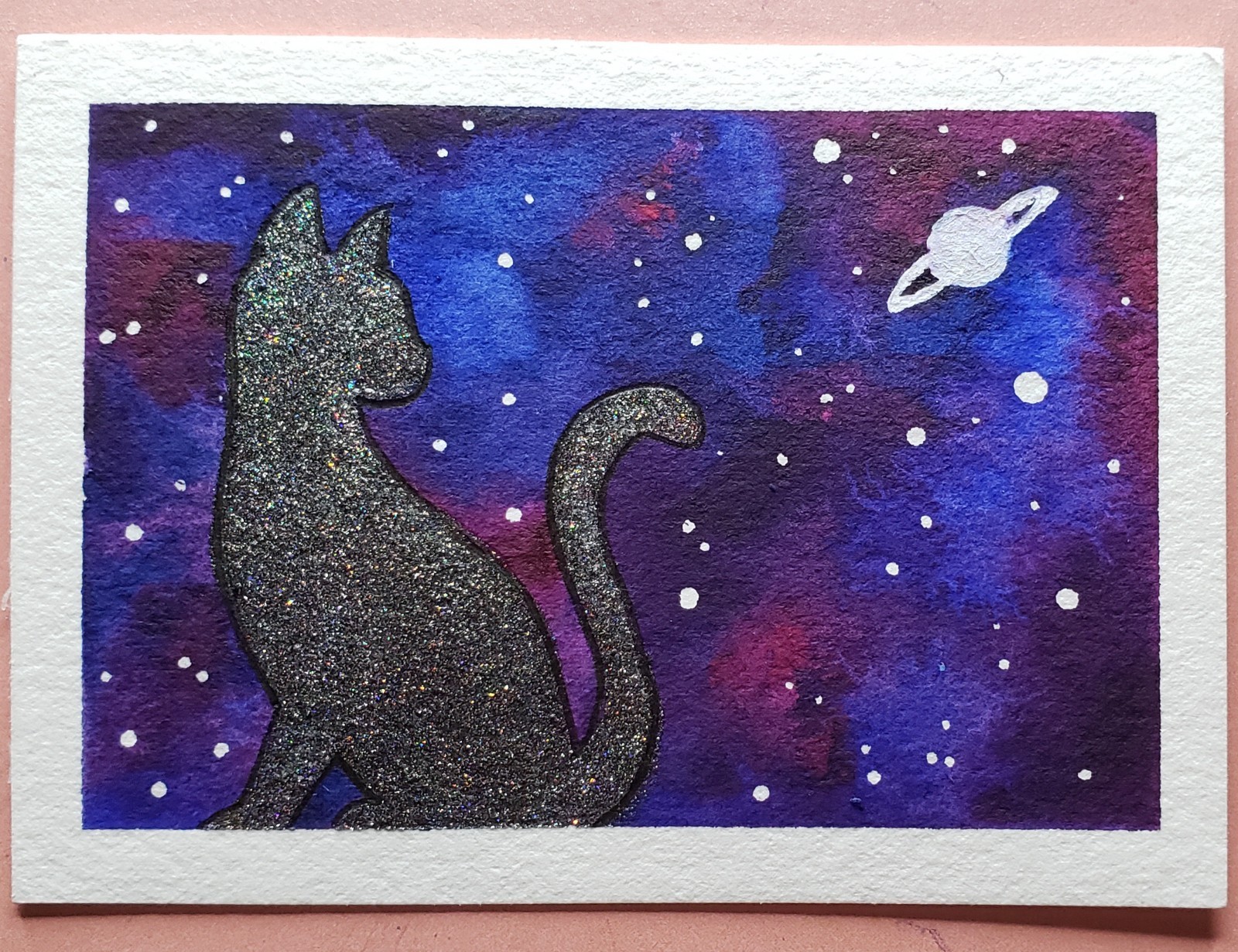 ooak aceo art card galaxy kitty cat holographic watercolor handmade signed