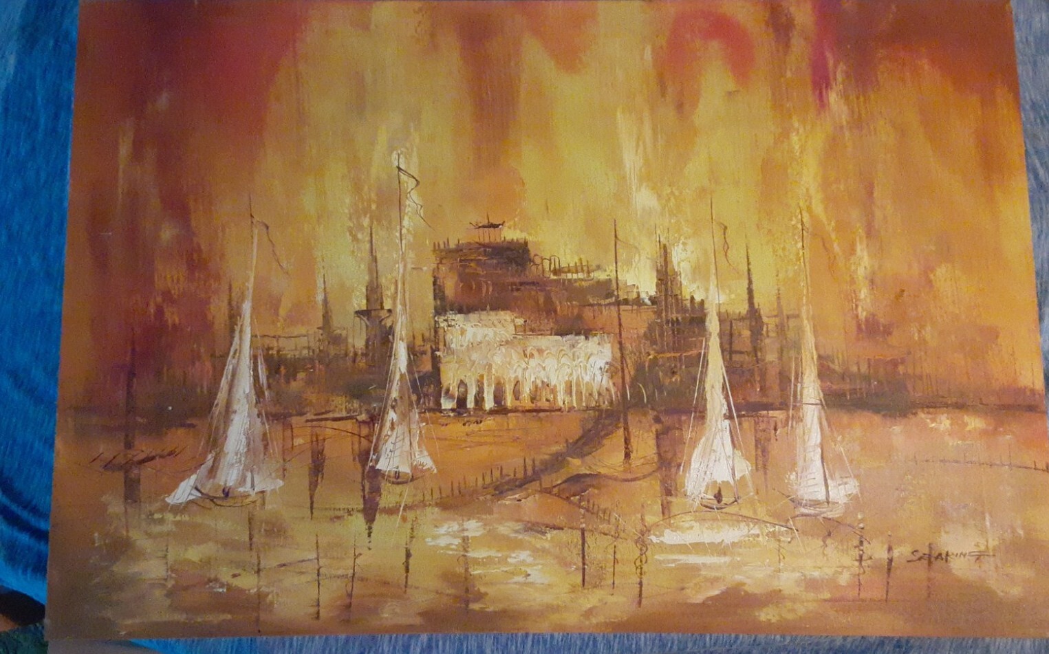 MIDCENTURY MODERN IMPRESSIONIST OIL CANVAS STUDIO ARTIST SIGNED CITYSCAPE BOATS