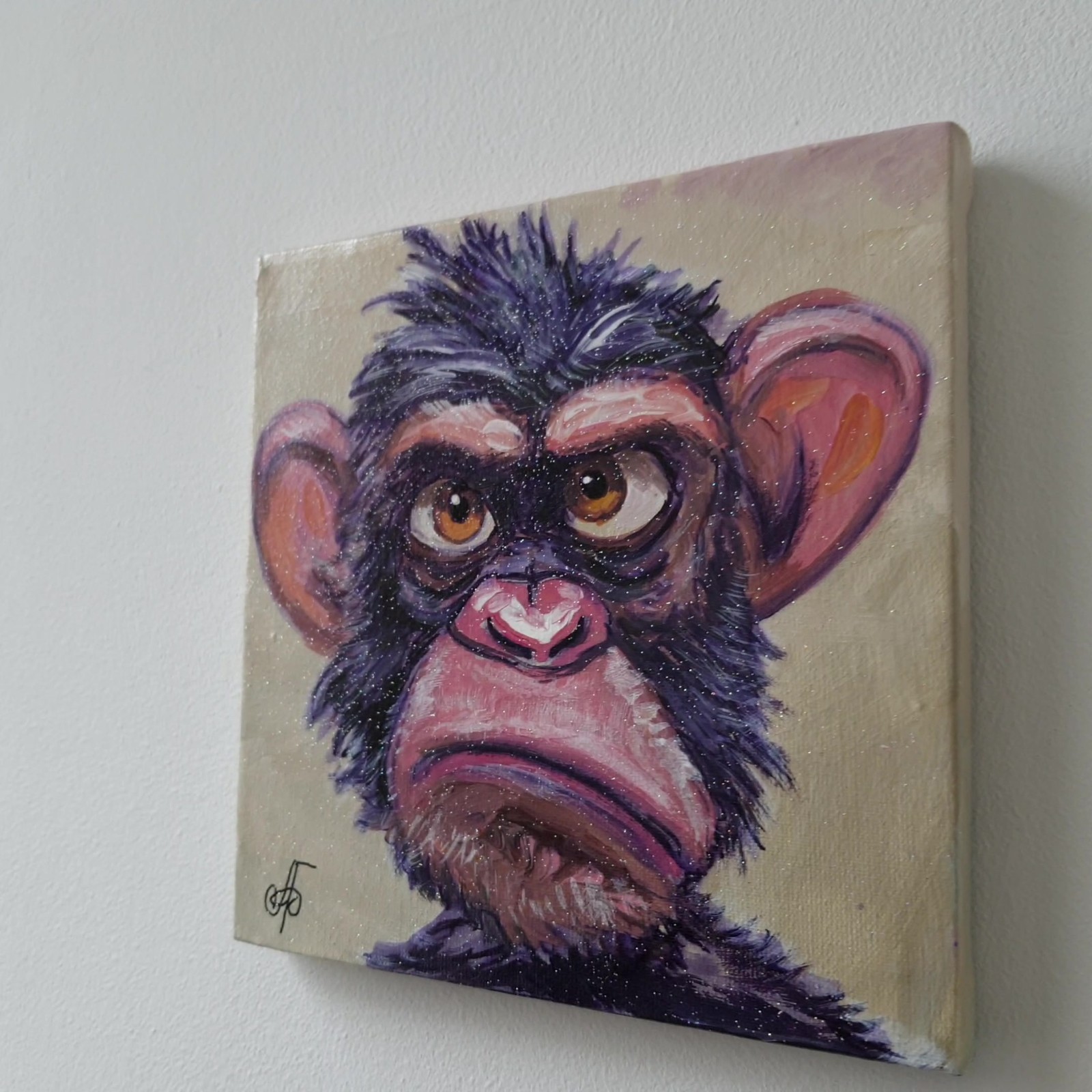 Original Acrylic Painting Funny Grumpy Chimp Monkey Portrait Small Hand Painted