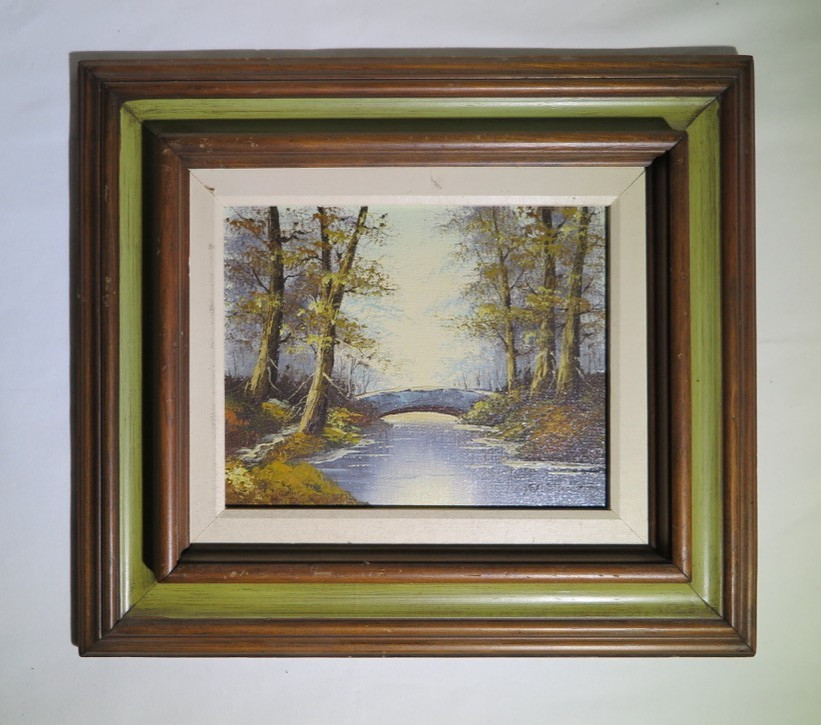 River Bridge in a Wintery Forest Oil Painting Signed and Framed