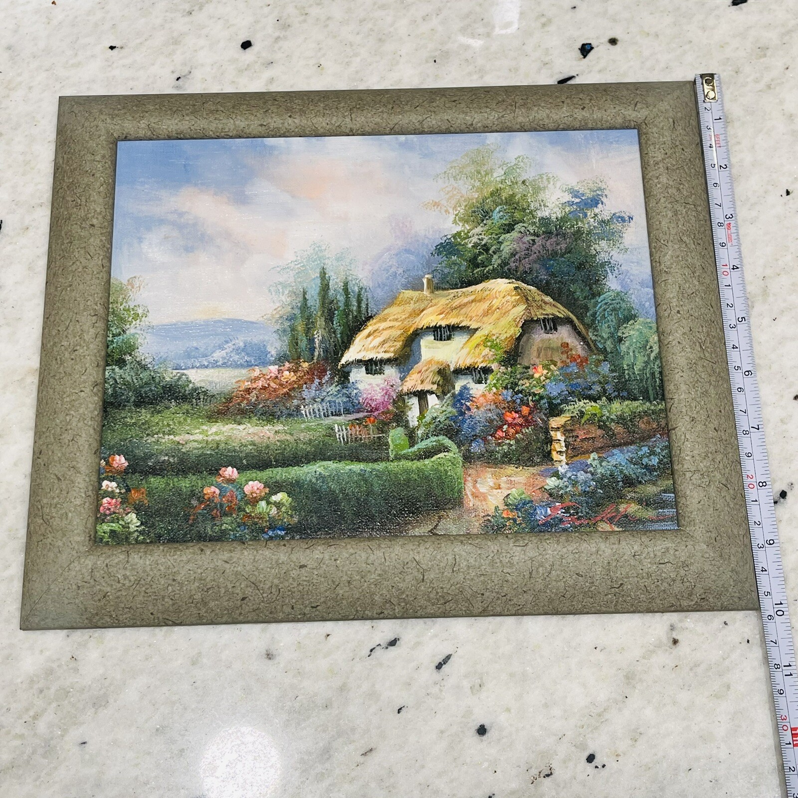 Oil On Panel Framed Painting English Cottage Thatch Garden Signed Franklin Vtg