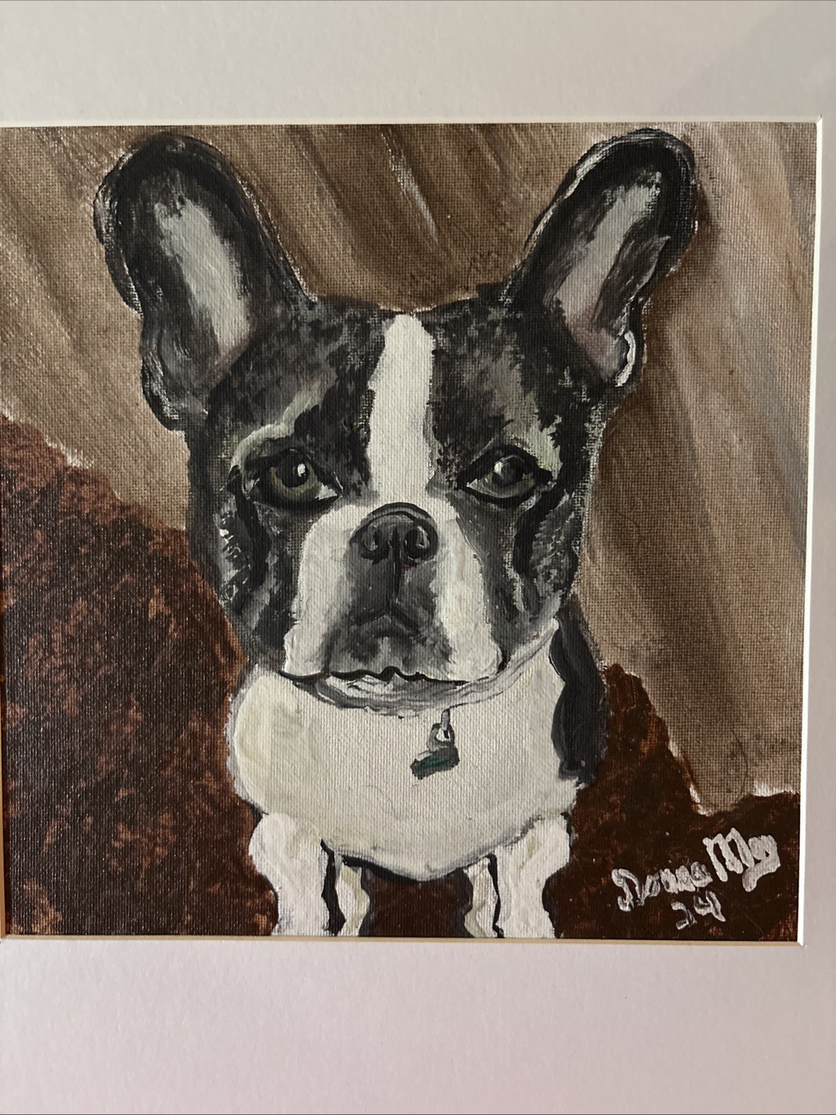 Original Watercolor Painting 8×8 Signed By Artist DonnaMay Boston Terrier