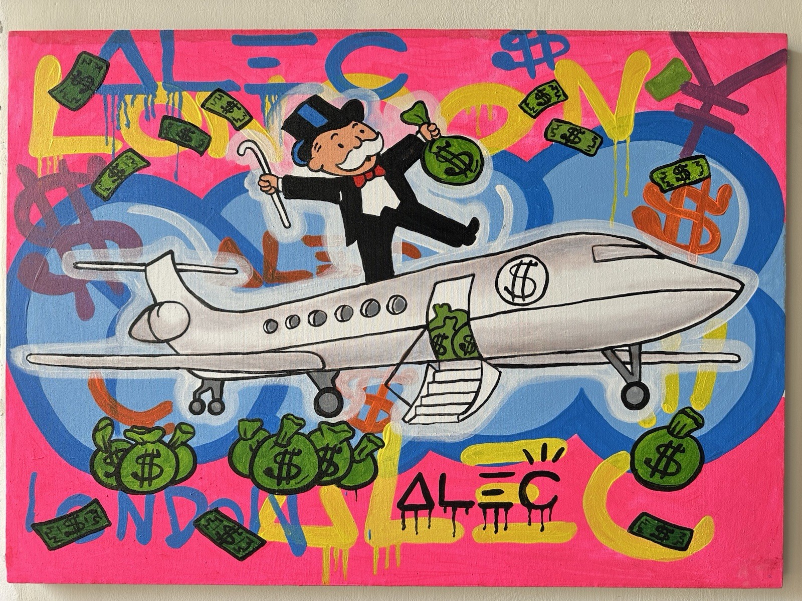 ALEC MONOPOLY OIL ON CANVAS PAINTING SIGNED AND SEALED STAMPED 70CM X 50CM