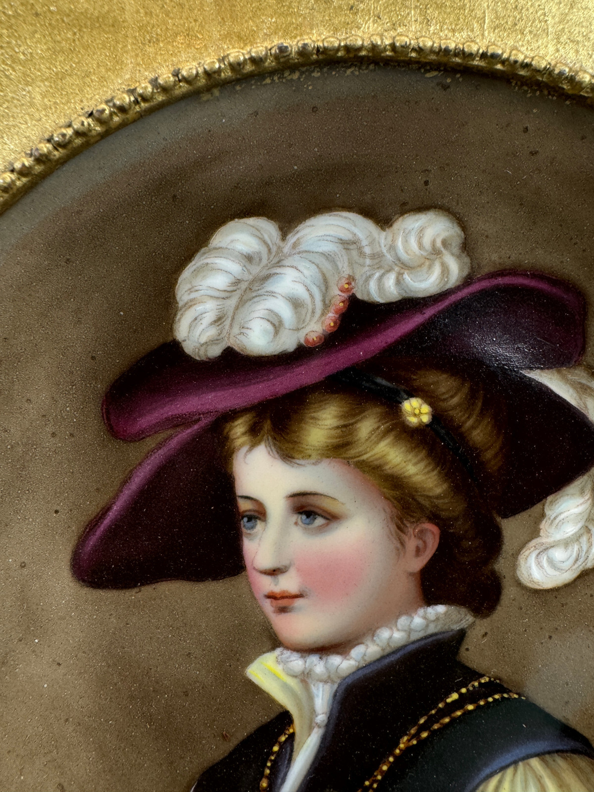 Hand Painted Porcelain Portrait Plaque in Ornate Gold Wood Frame