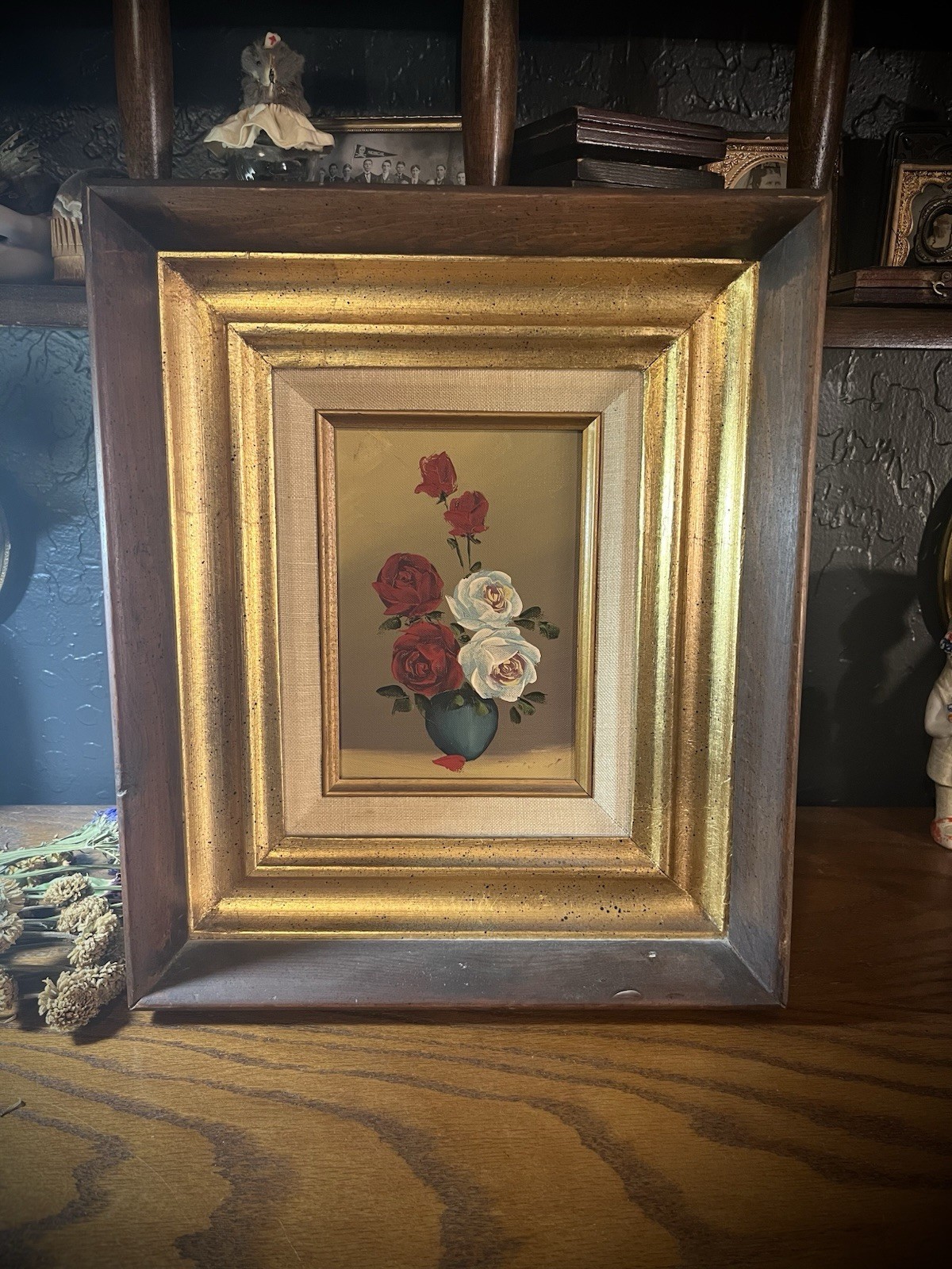 Vintage hand painted white and red roses flowers in brown and gold wood frame