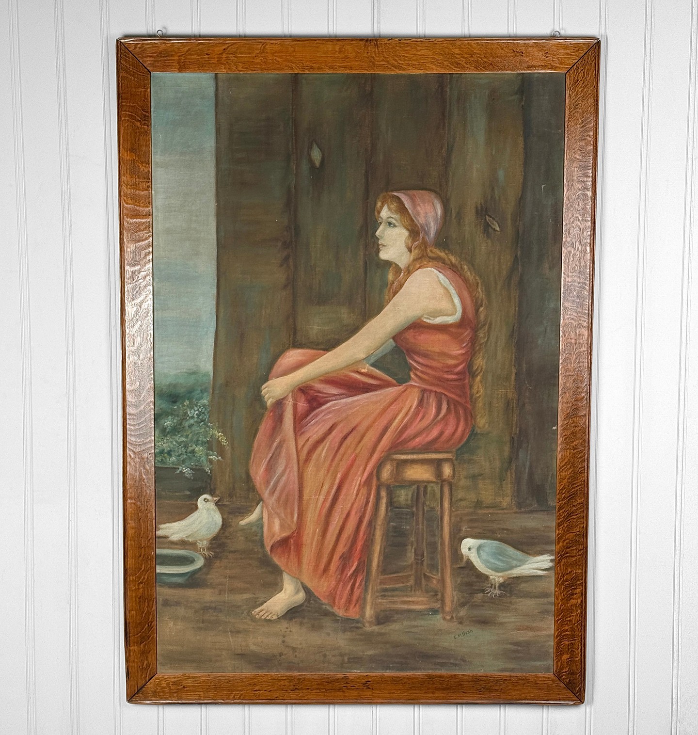 Antique Realism «Women in Pink Dress w/ Forest Doves» Oil on Canvas Painting