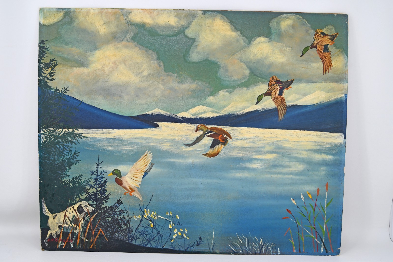 VTG Original Oil Painting Mallard Ducks Bird Dog Naive Whimsical Amateur FolkArt