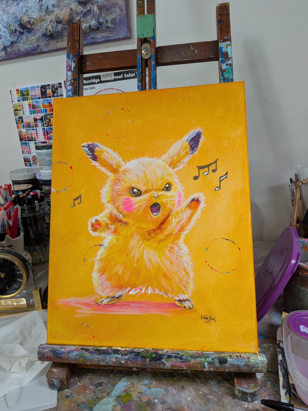 Original 14 x 11 Expressive Pikachu Singing Acrylic Canvas Painting