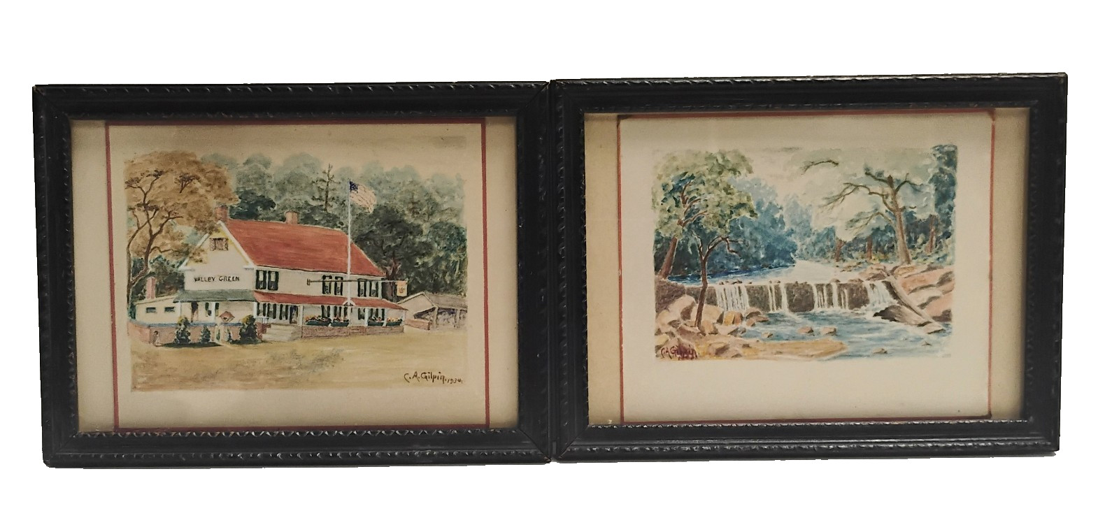 PAIR 1934 Valley Green Wissahickon Fairmont Park Landscape Watercolor Painting