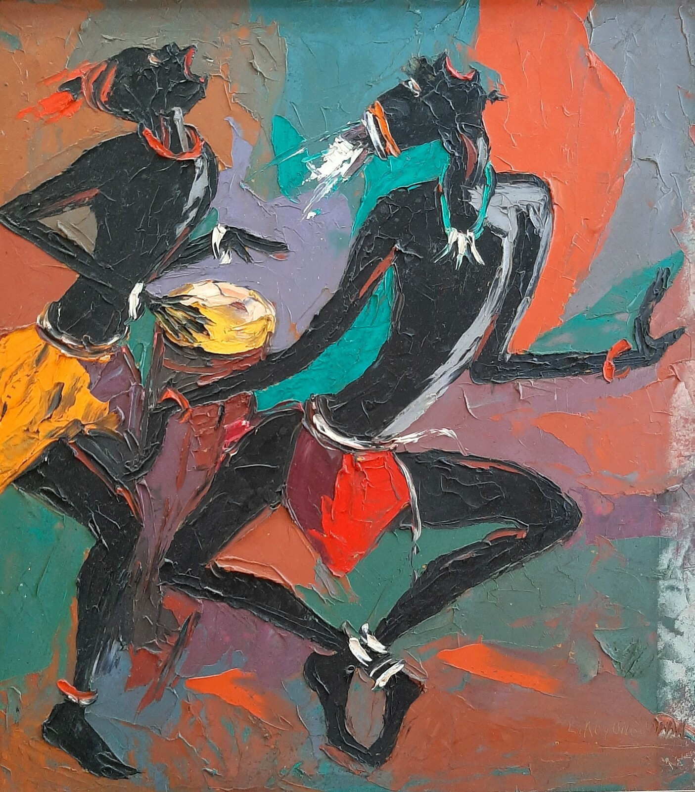 LOUIS KOYONGONDA ( Congo 1918 – 1999), Oil on Board, African Dancers, Signed