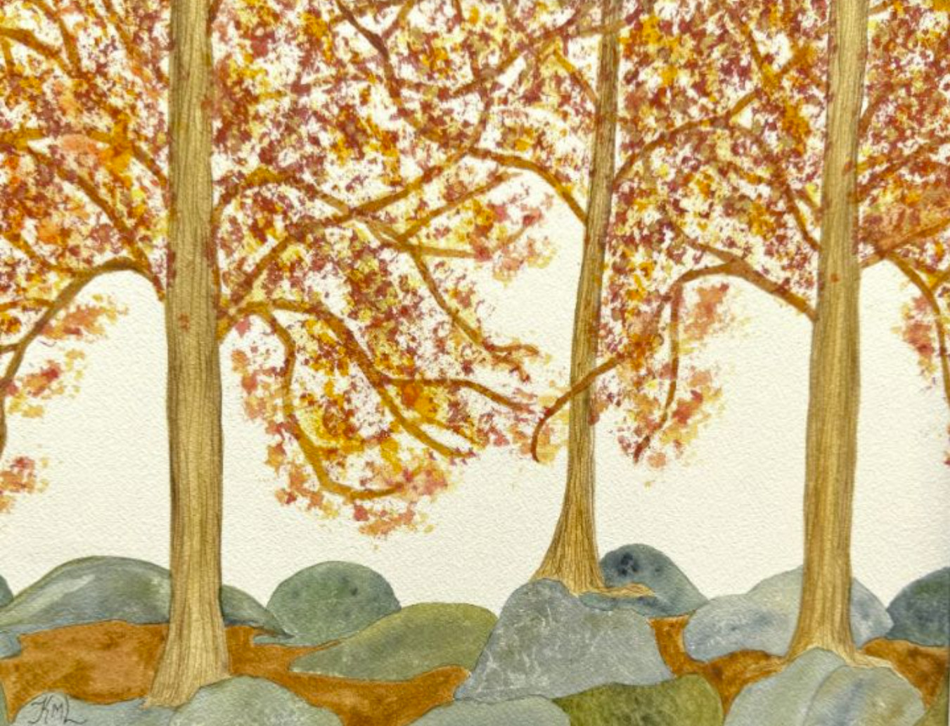 PAINTING WATERCOLOR TREES FOREST FALL LANDSCAPE ORANGE 11X14 & DOUBLE MAT 16X20