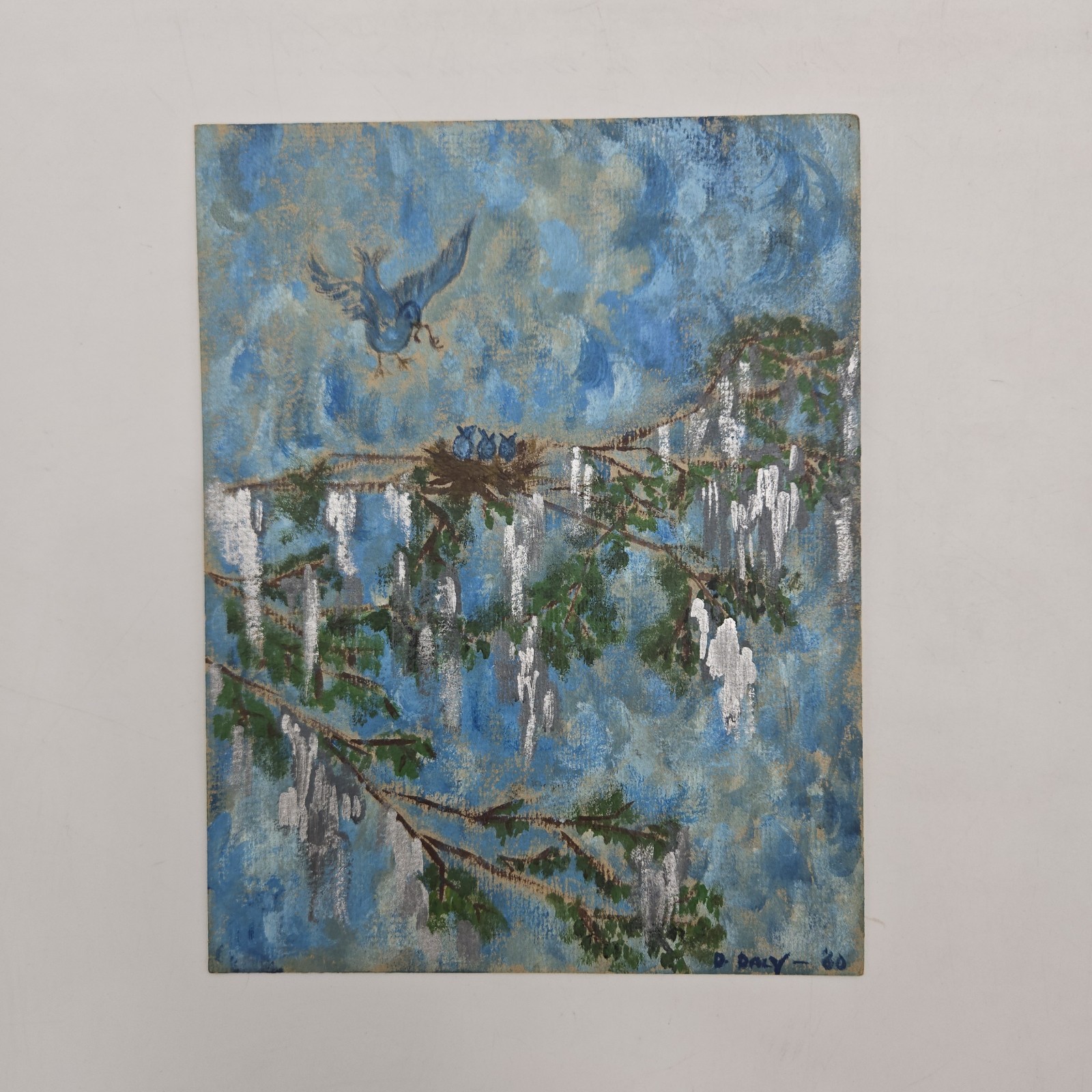 Vintage 1960 Painting of Blue Bird Bringing Worm to Babies in Nest Dianne Daly