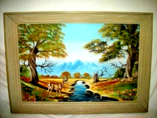1950s Oil Painting Landscape Deer Elk Rueben R Brown Known Artist Chunky Frame