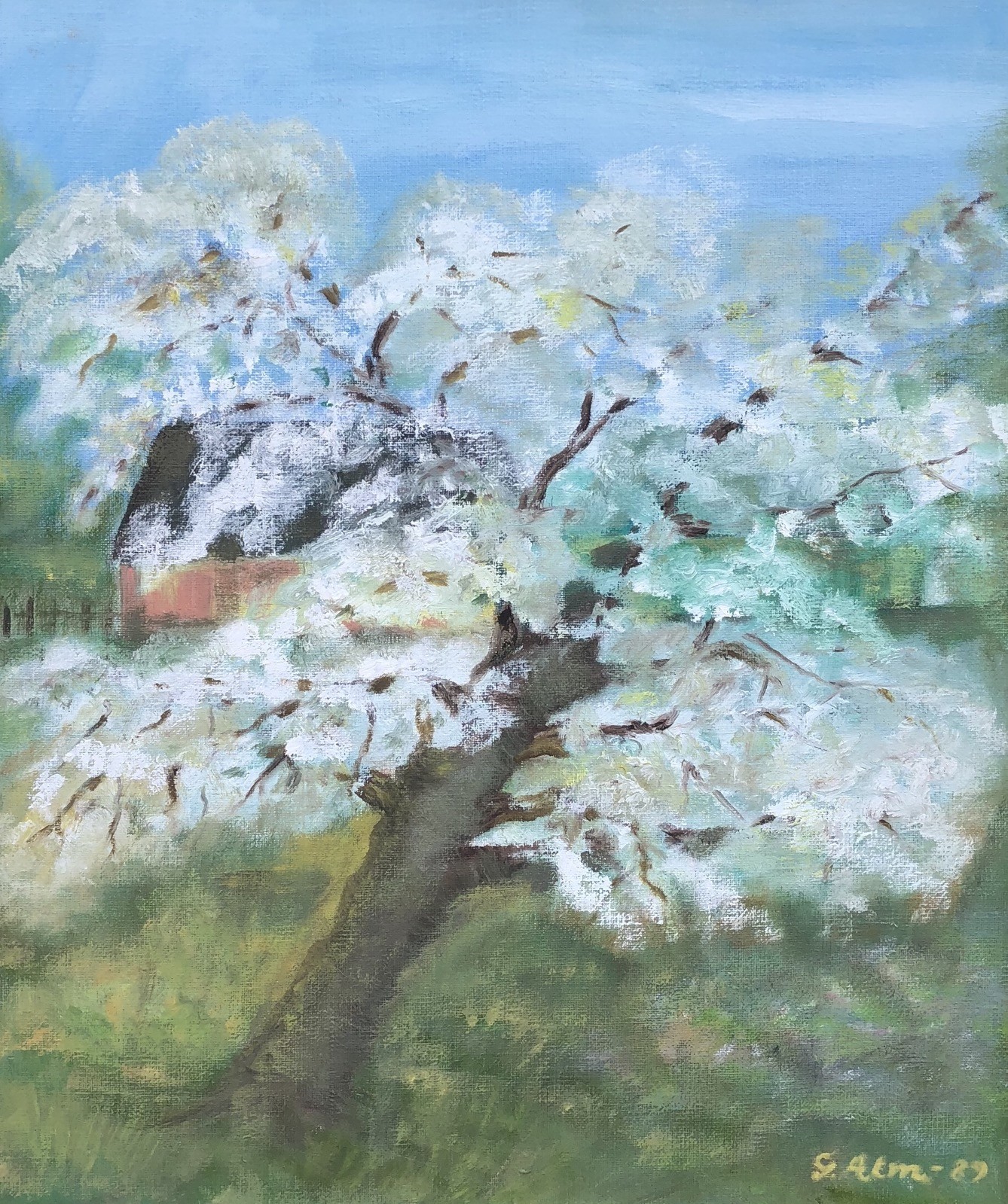 Unknown Painter – Landscape With Blooming Fruit Tree And Red House – 1989