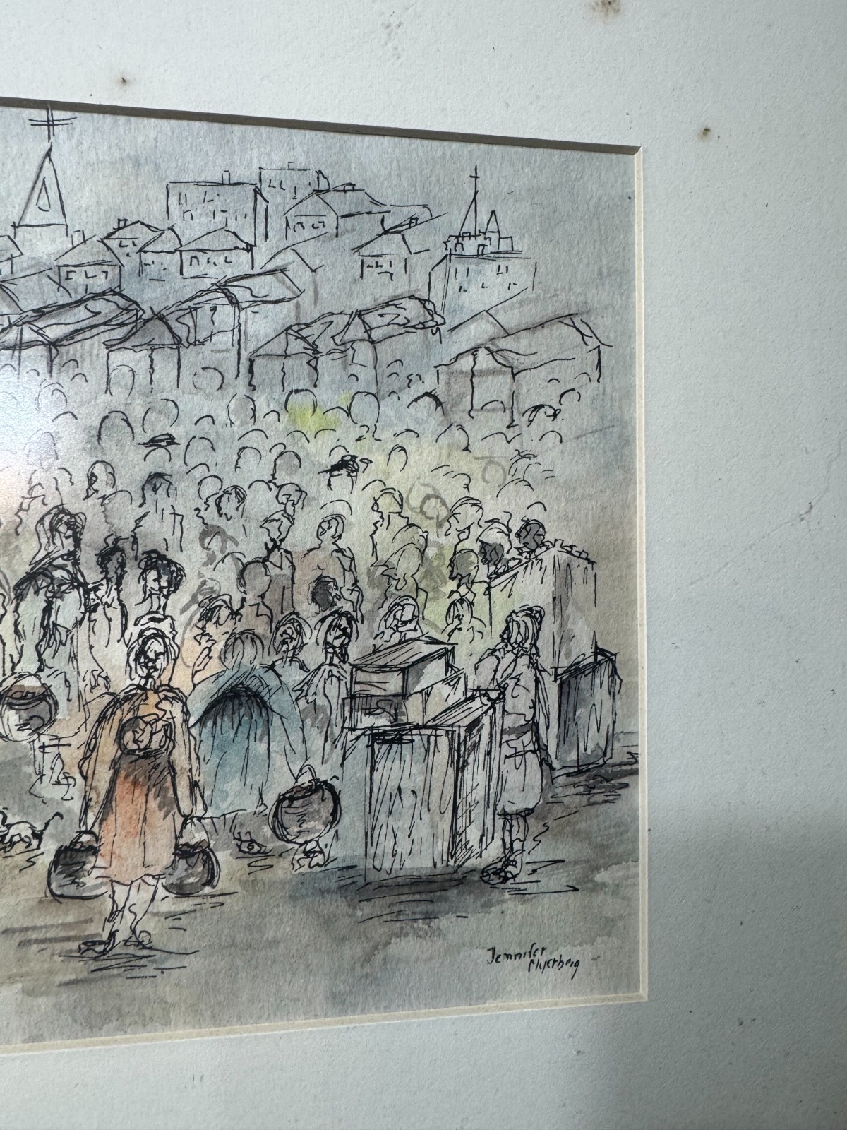 Jennifer Myerberg «Many Figures Scene» Pen, Ink And Watercolor Painting – Framed