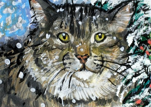 ORIGINAL ACEO Painting TABBY CAT Christmas TREE Lights Winter Snow Pine ATC ART