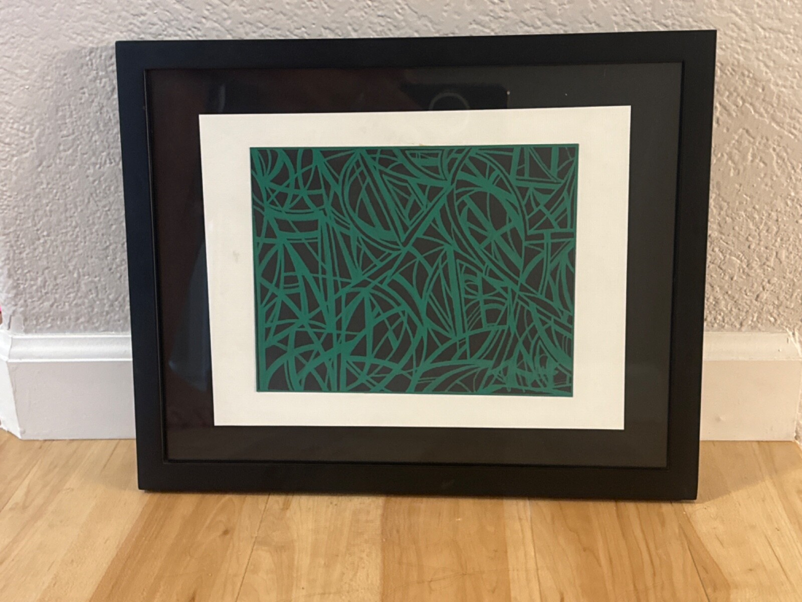 Green and black abstract original oil painting matted and framed