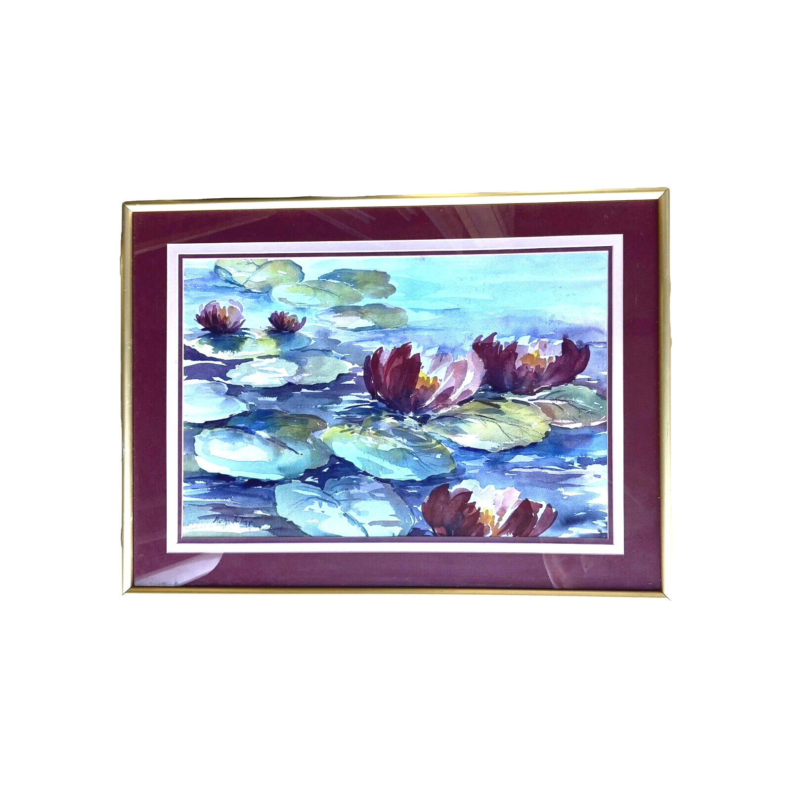 Framed Original Water Lillies/Lotus Watercolor Painting, Marilyn A Higgs 20″x27