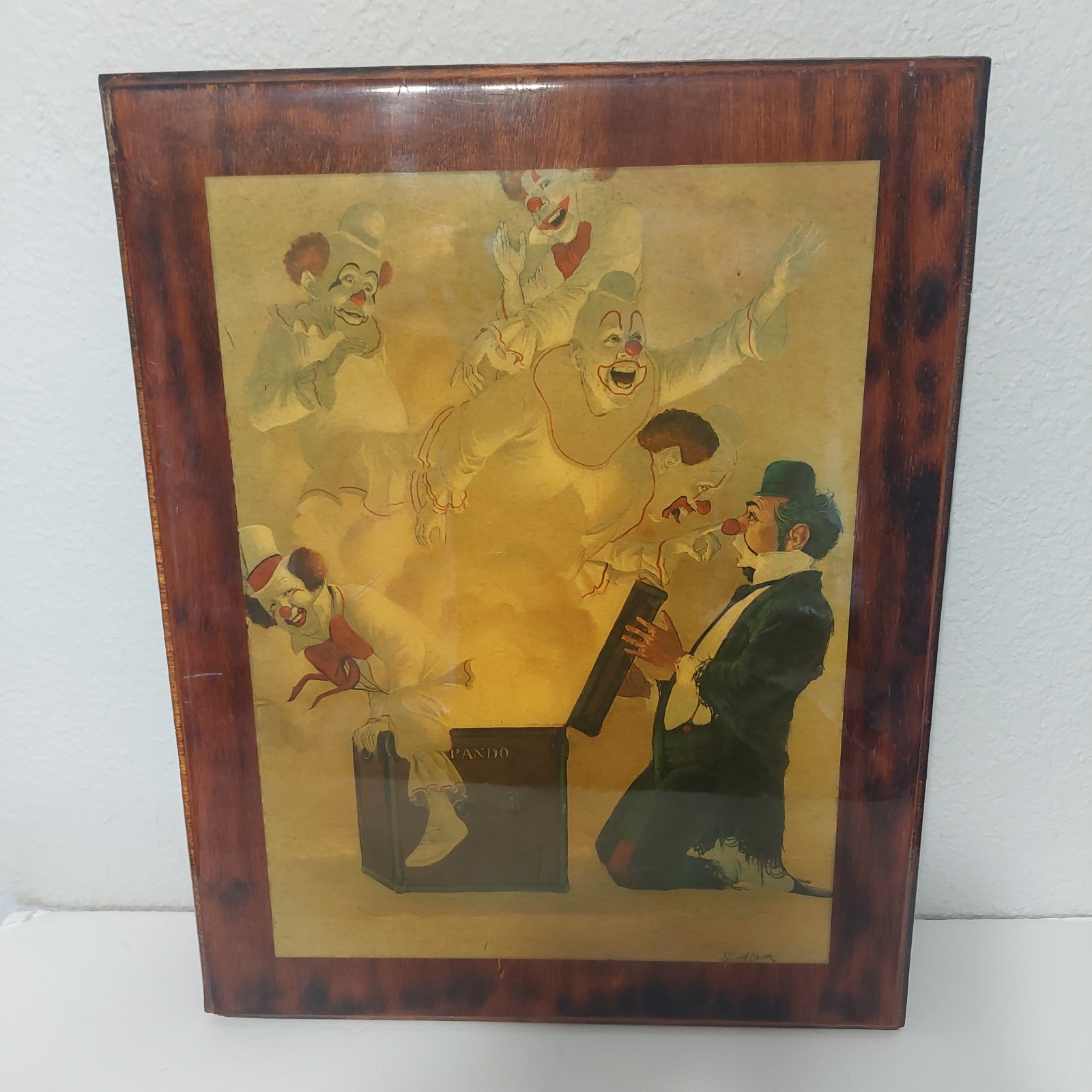 Vintage 70’s Robert Owen “Pando’s Box” Clown Painting on Wood 19″ x 15″