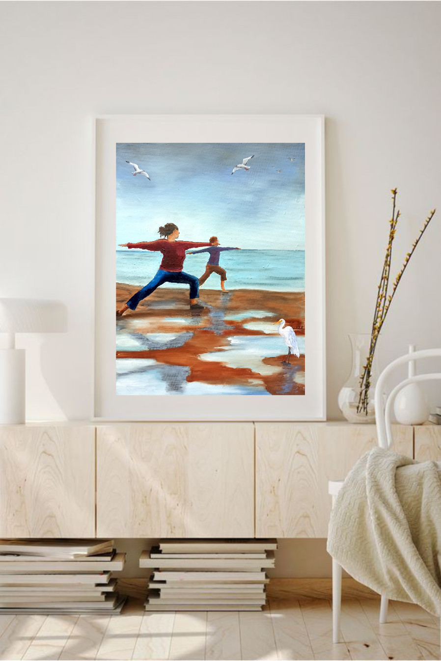Sea Beach Yoga Class Oil Painting 30x40cm Tranquility Landscape Painting on Painting Board
