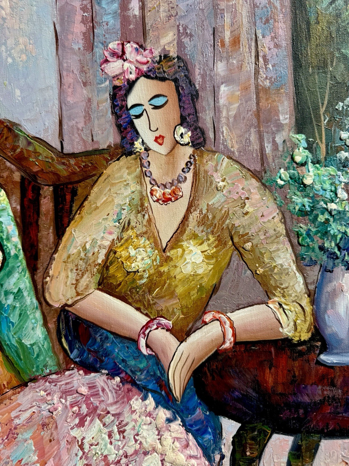 ⭕️ K. BARNES «TEA TIME» OIL PAINTING FRAMED 29×41 FIGURATIVE ART