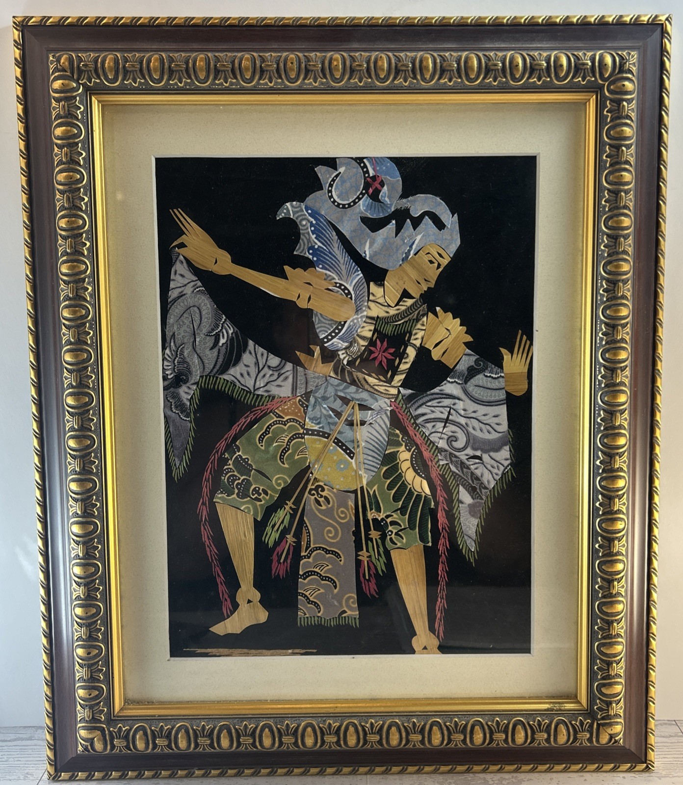 Vtg Mixed Media Colorful Fabric Collage On Velvet Thailand Native Pristine Frame