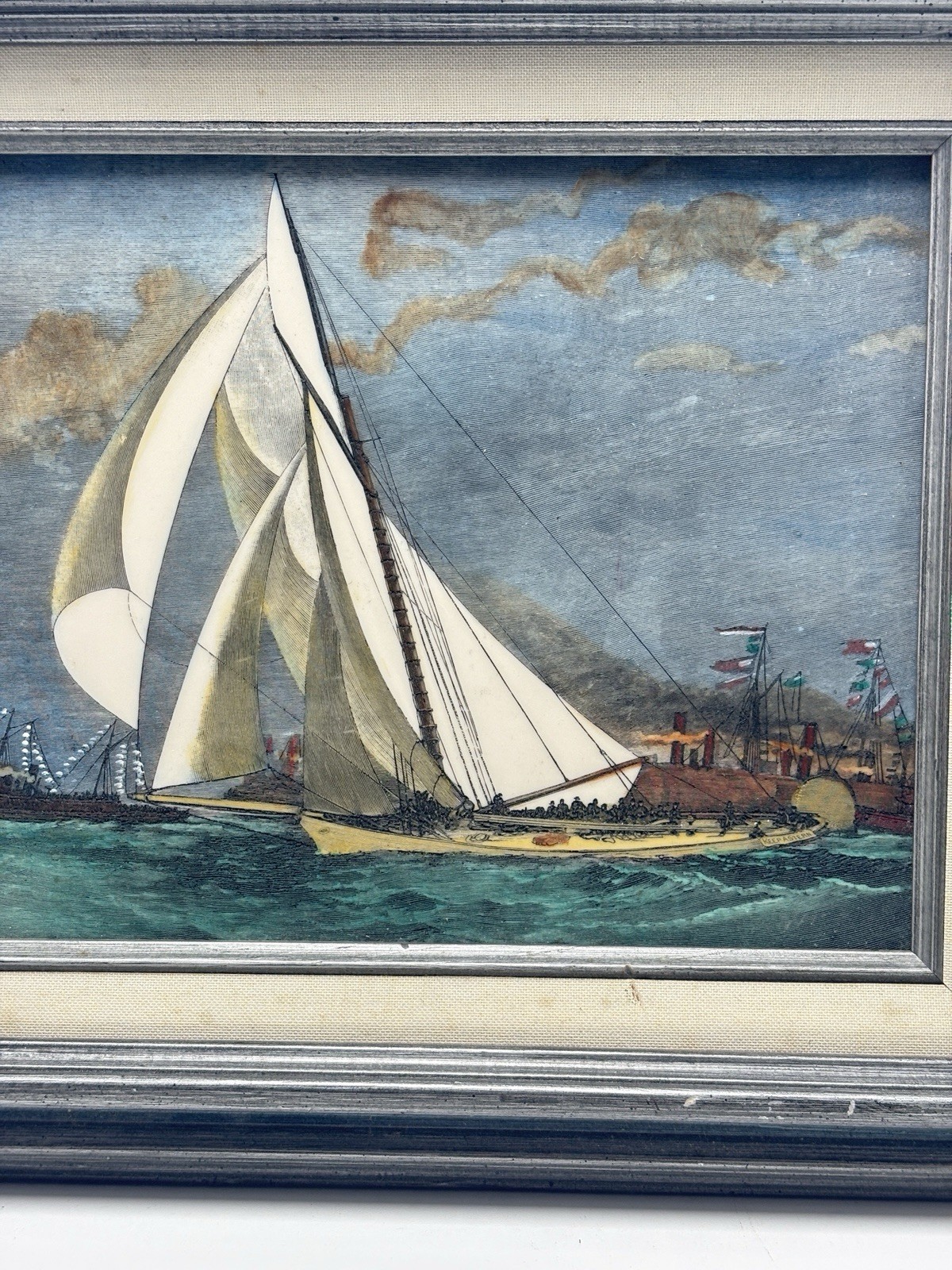 Vintage «KEEP ASTERN» SAIL SHIP SEA Framed Painted ETCHING On Glass 14.5 X 12.5