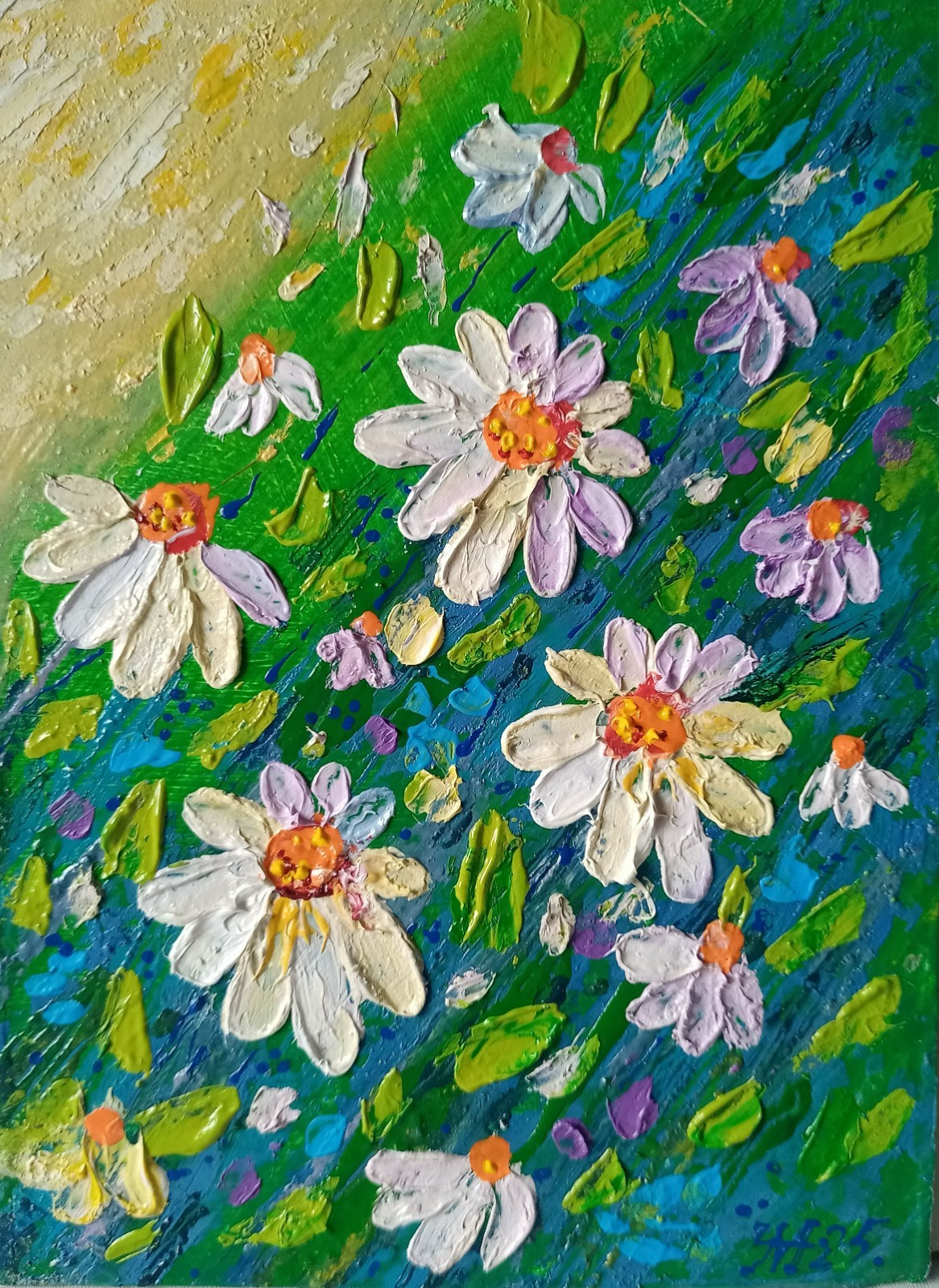 Chamomile Impasto Painting Original Art Impression Oil Painting 7 x 5 in