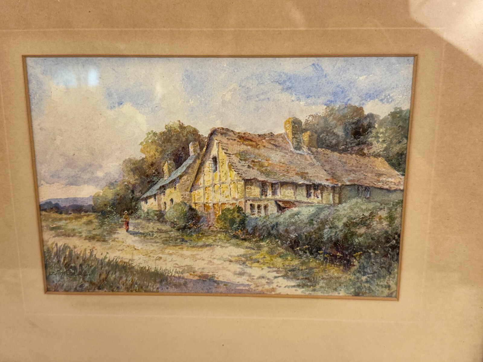 Antique Leyton Forbes Signed Watercolor Painting Woman Figure Building / Cottage