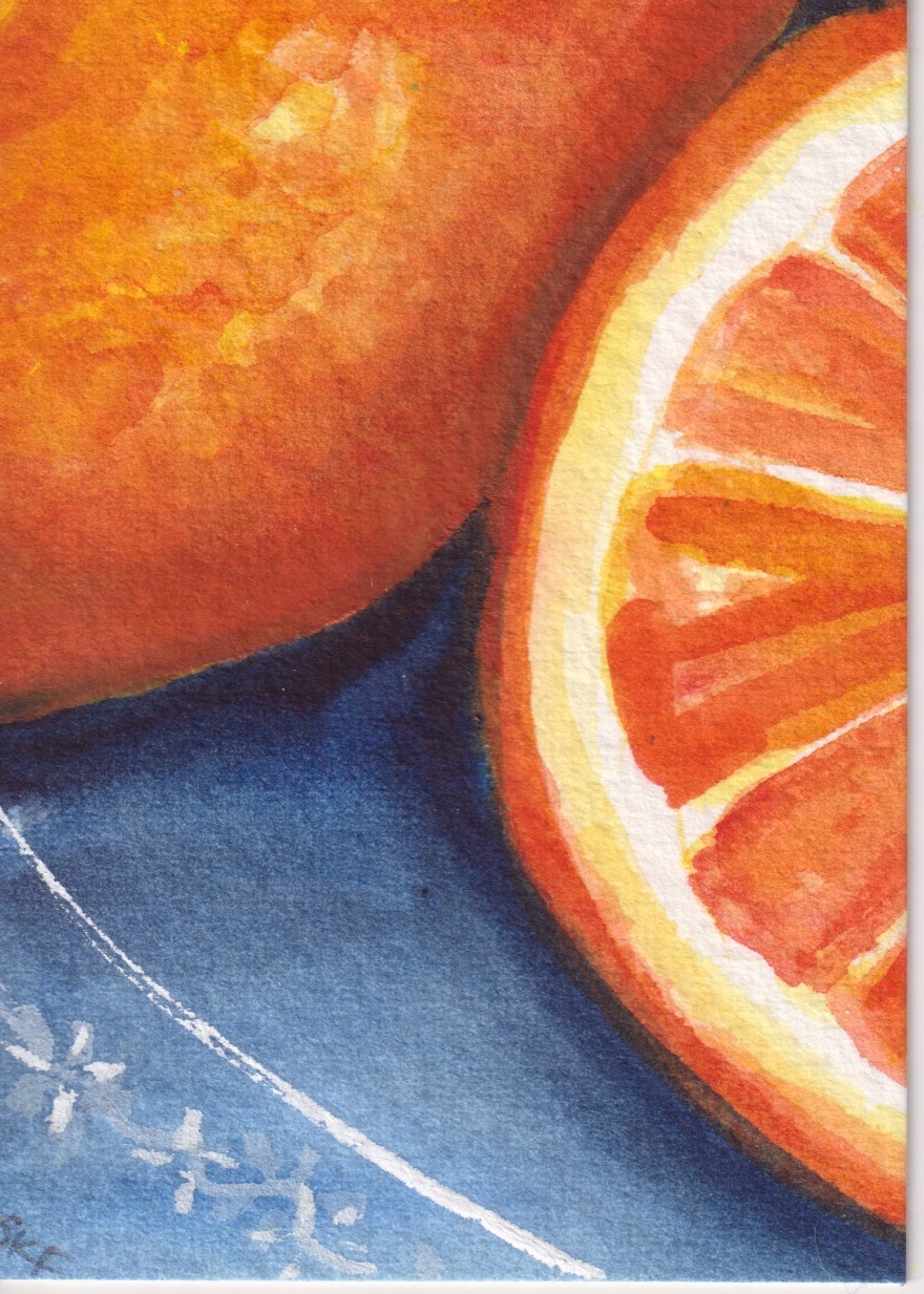 Original ACEO Orange Blue White on china Watercolor Painting, Sharon Foster
