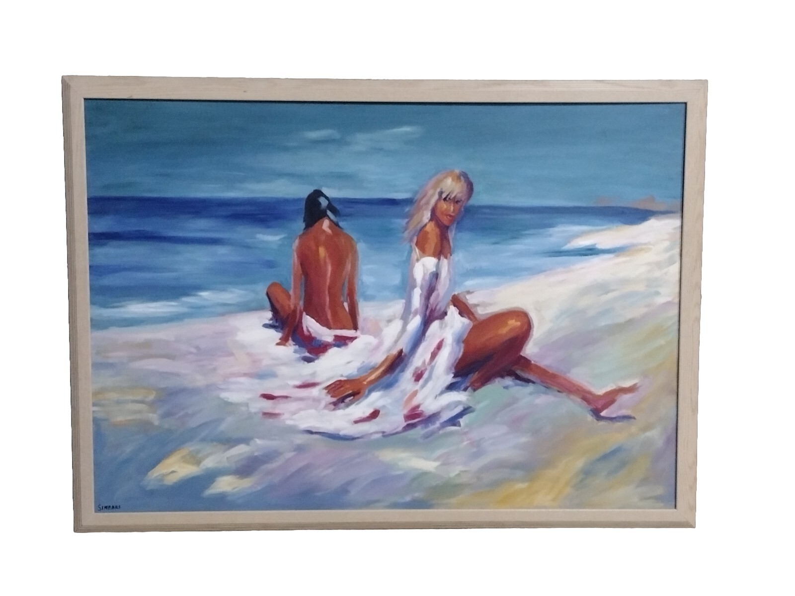 Blonde and Brunette Ladies Sundress On Beach Front Org Painting Signed Simbari