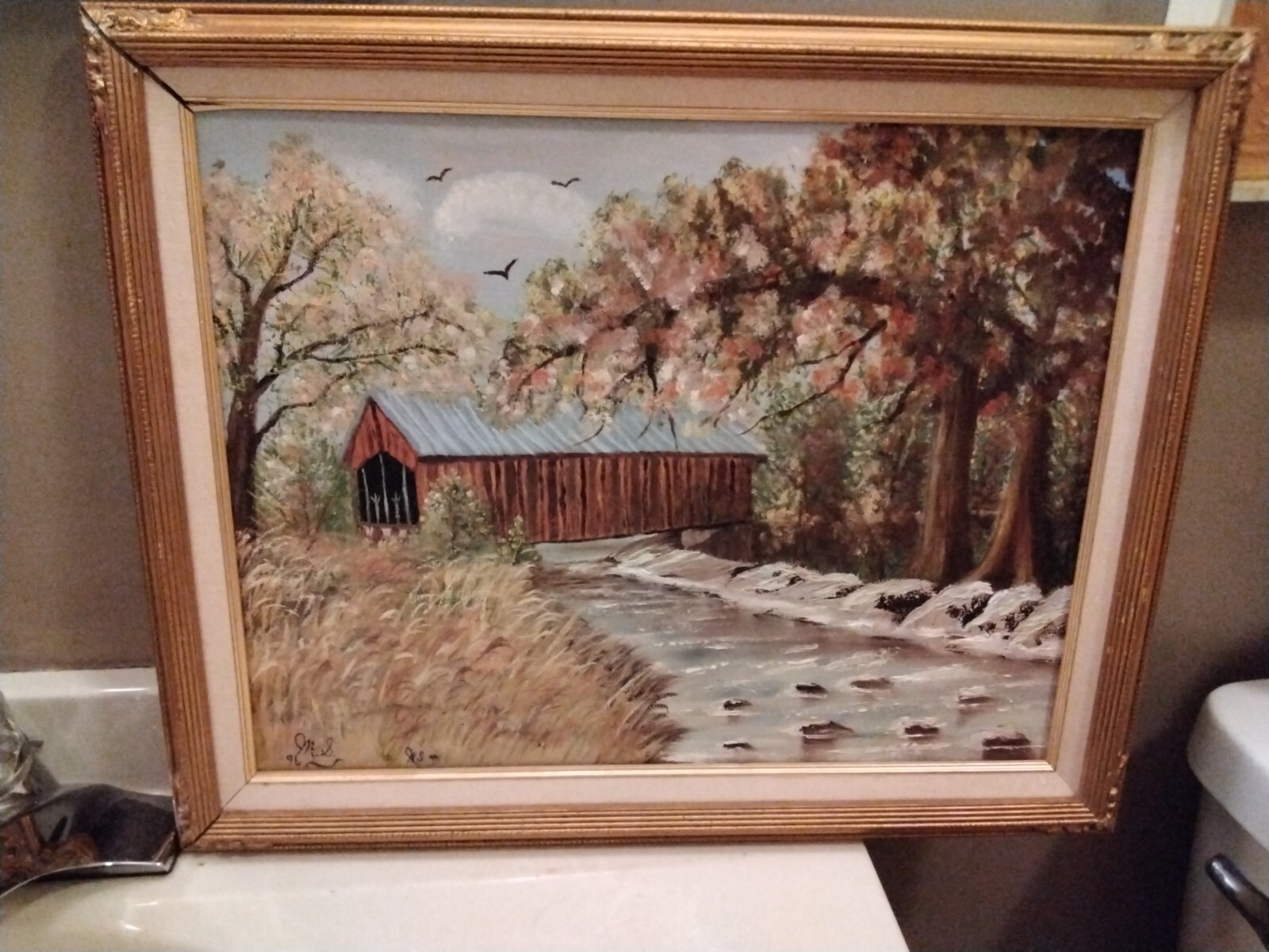 Original Oil Painting Covered Bridge Autumn Framed and Signed 21.5″ X 17.5″