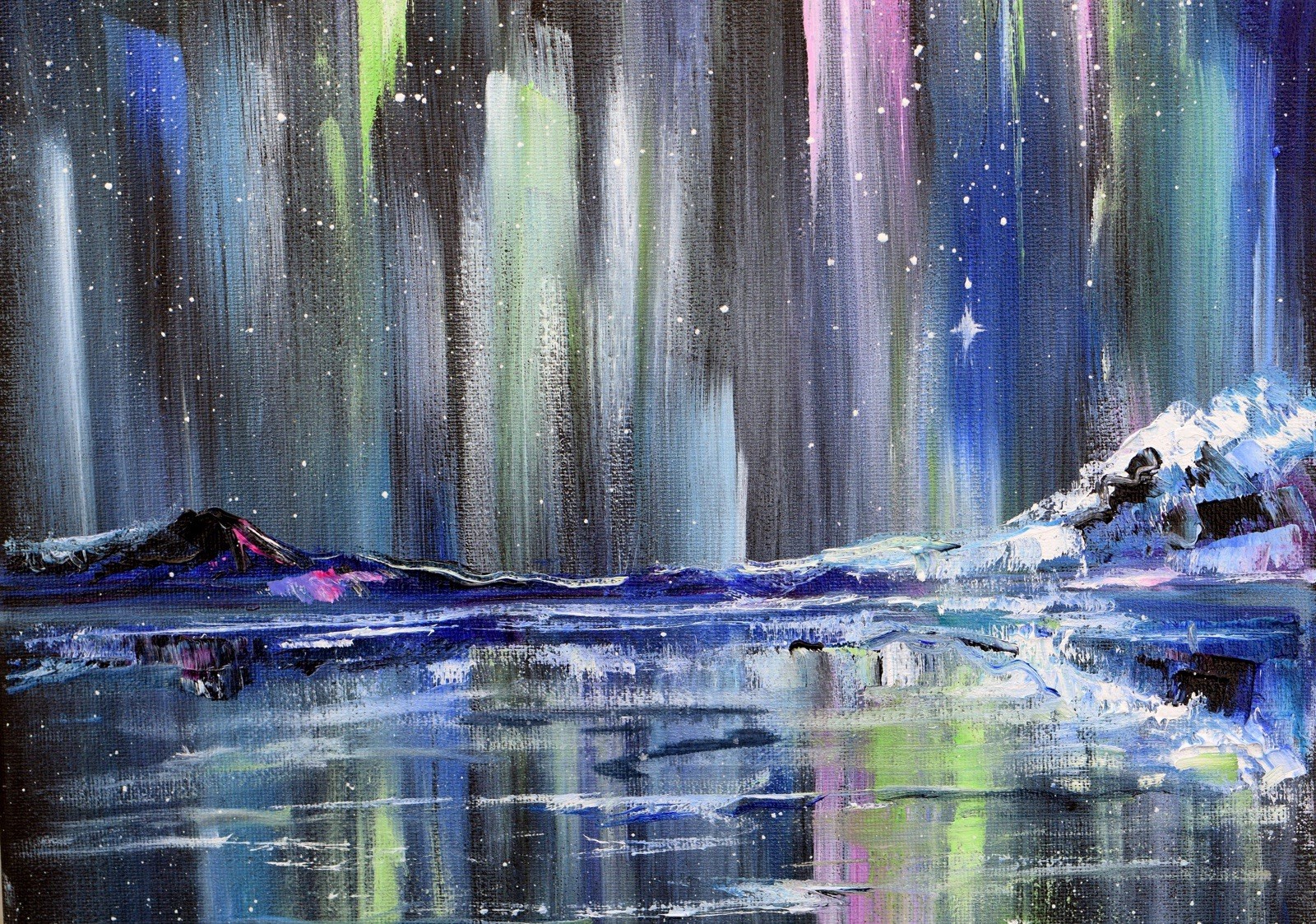 Aurora Borealis Painting Northern Lights Original Landscape Minnesota Art