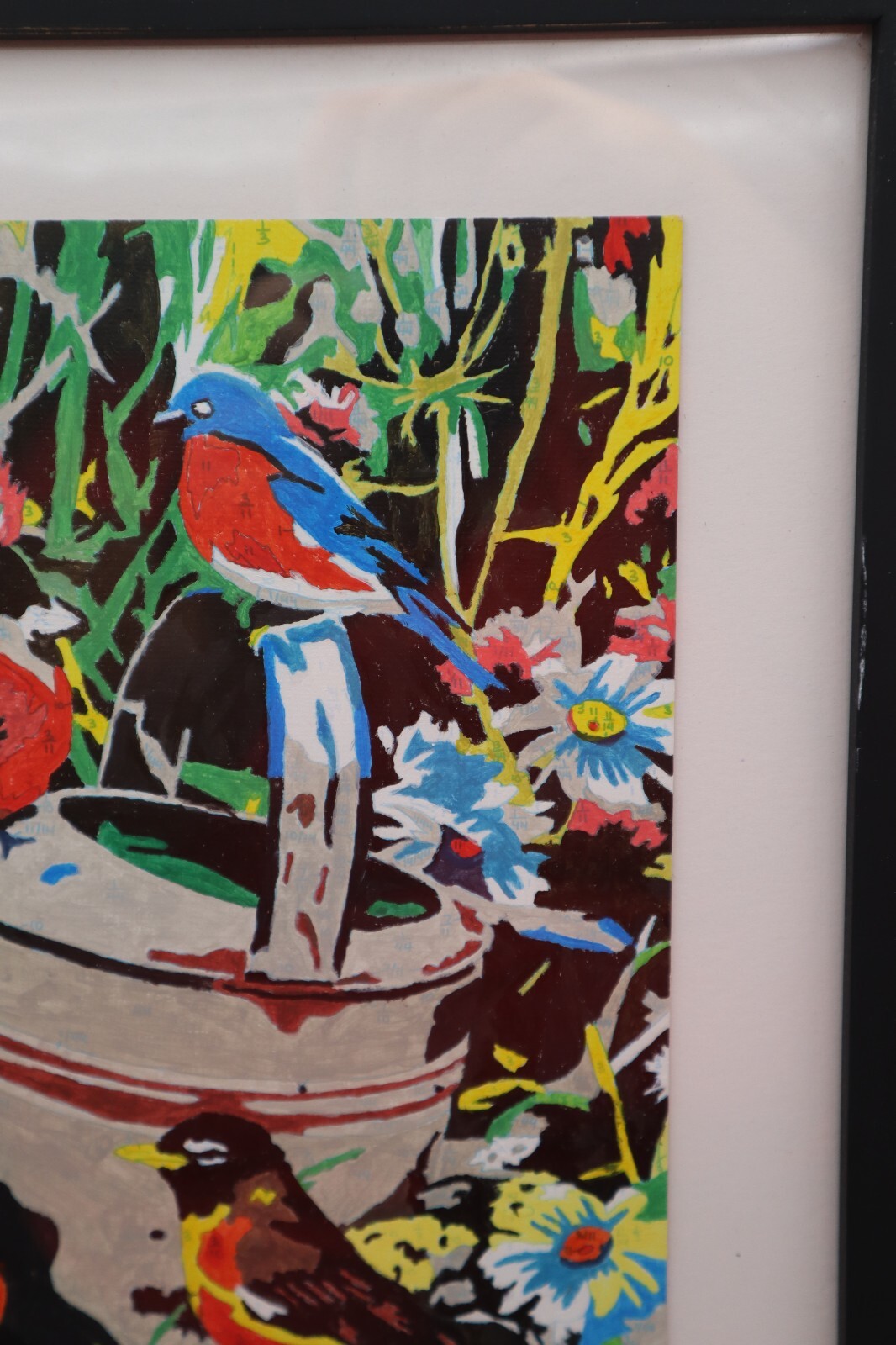 Completed Paint by Number Acrylic Framed Birds in Garden Colorful Nature