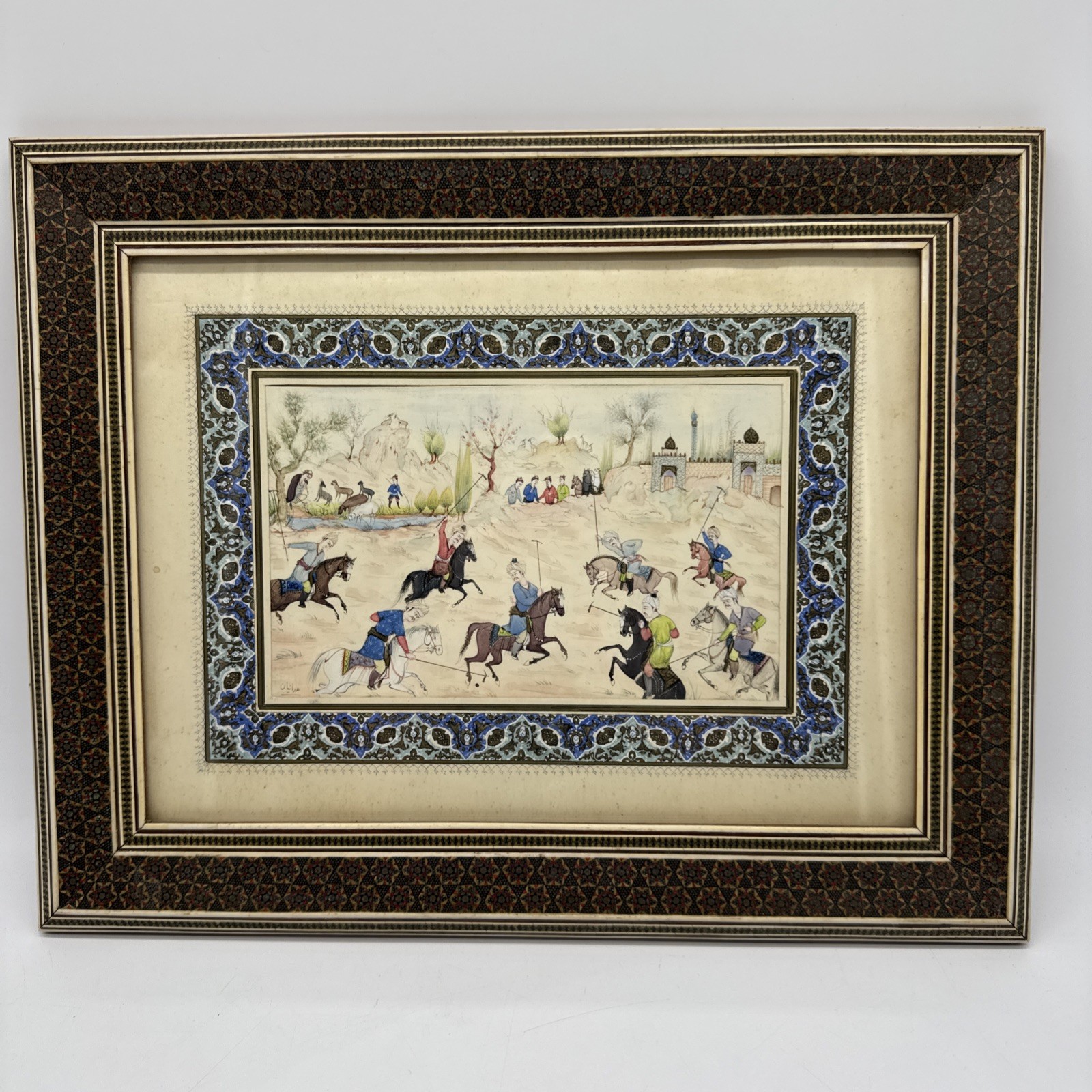 Persian MCM Painted Art – Polo Match In Micro Wood Inlaid Frame 11.5” X 14”