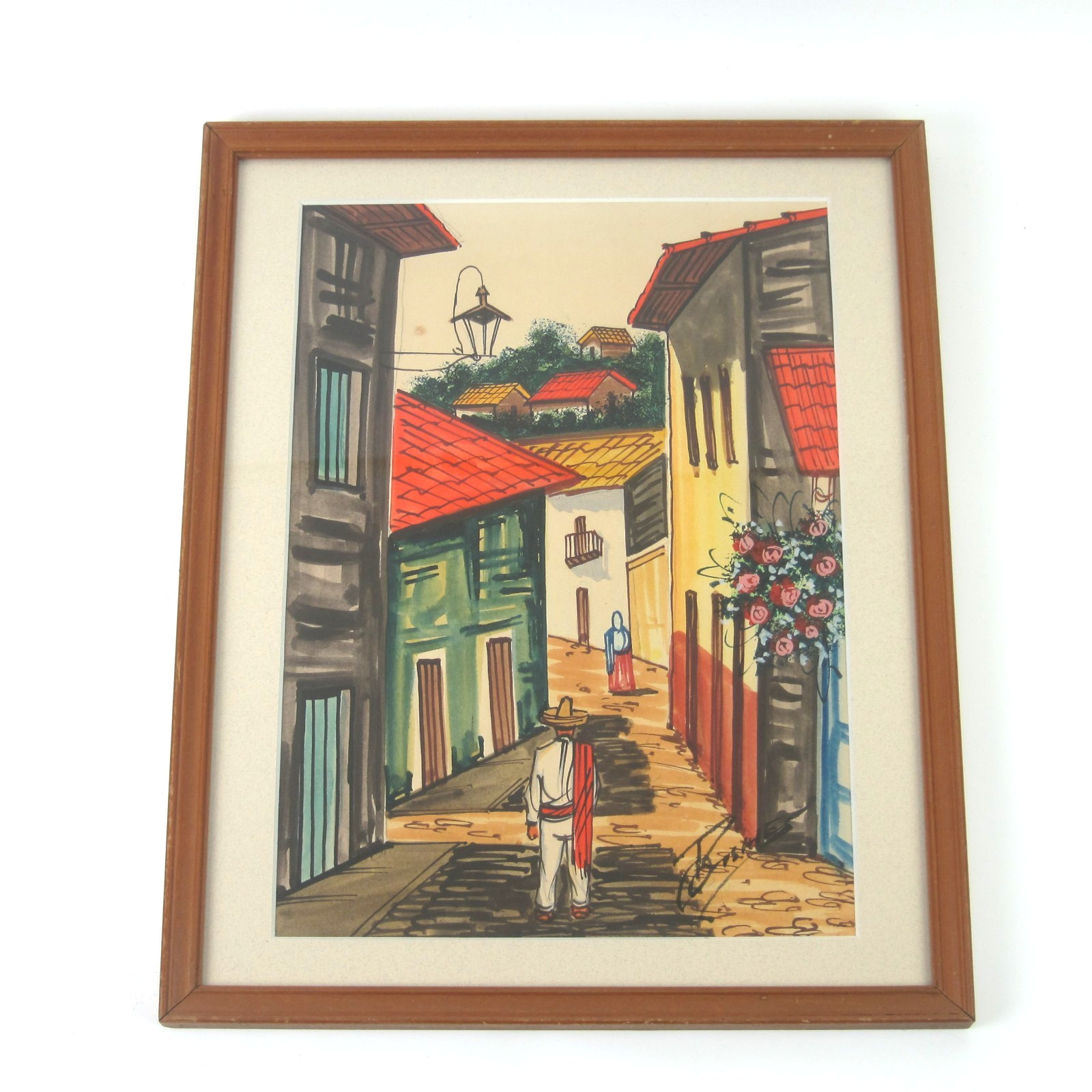Gouache Watercolor Painting Mexican Village Signed G Rosales 12×10 Vintage 1950s