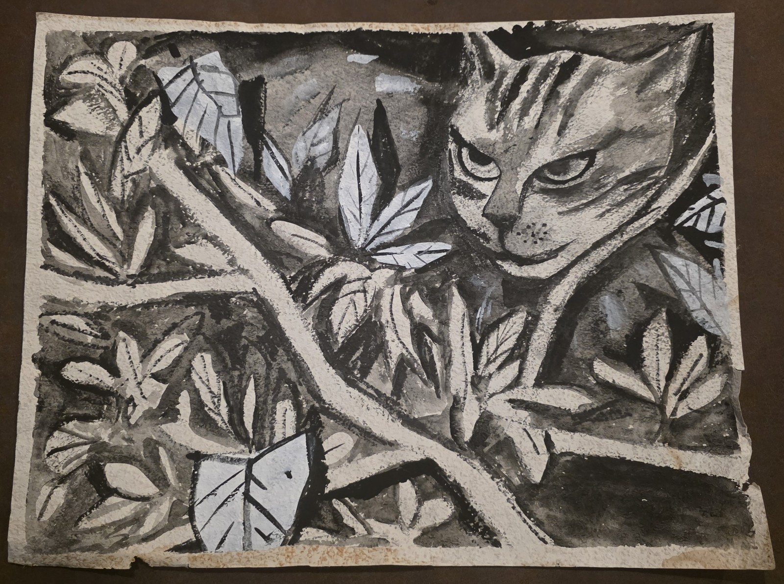 Vintage Original Cat in Tree Ink Wash Painting on Handmade Paper Unsigned 24×18