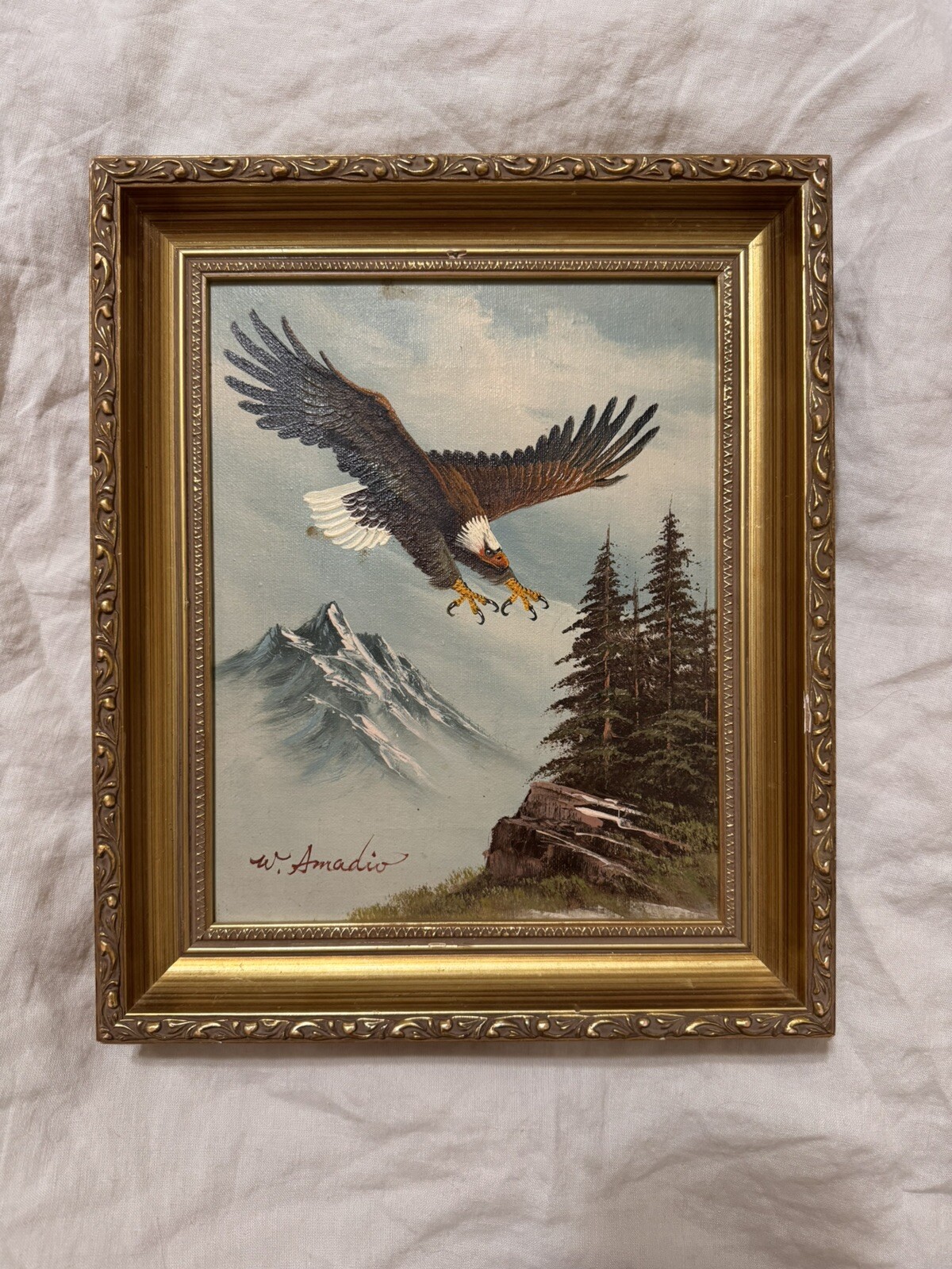 Original Framed Oil Painting on Canvas Eagle in Flight by W. Amadio Signed Vtg