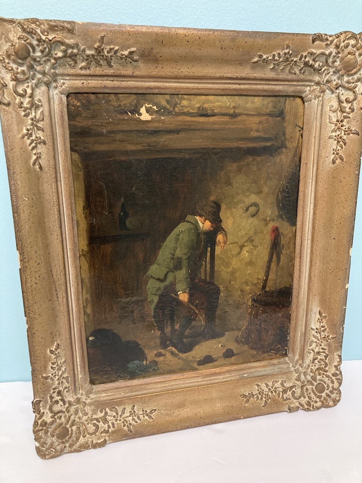 Vintage European Oil Painting Canvas Craquelure Gilded Ornate Frame 19th Century