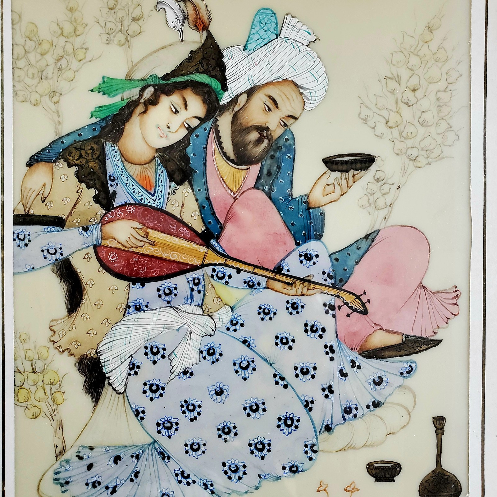 Vintage Antique Indian Lover Painting Ivory-like Oil Beautiful Ornate Star Frame
