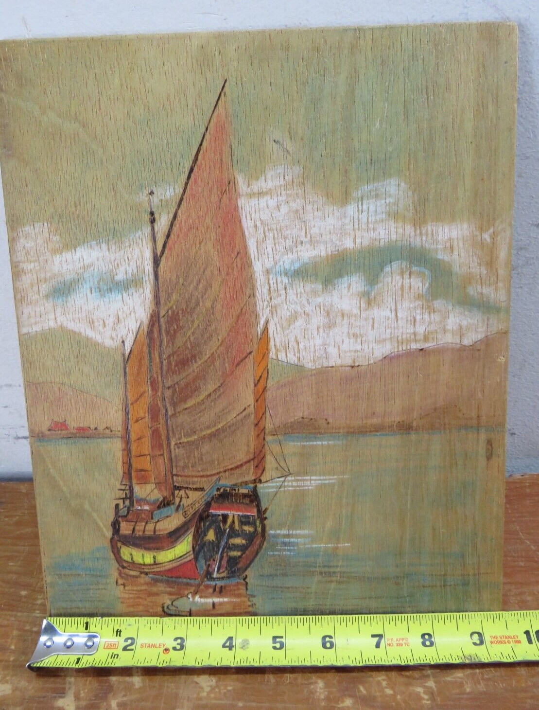 Vintage Sailboat Sea Ship Wood Carving/Burning/Painting 9.5inx12in L. Rollins