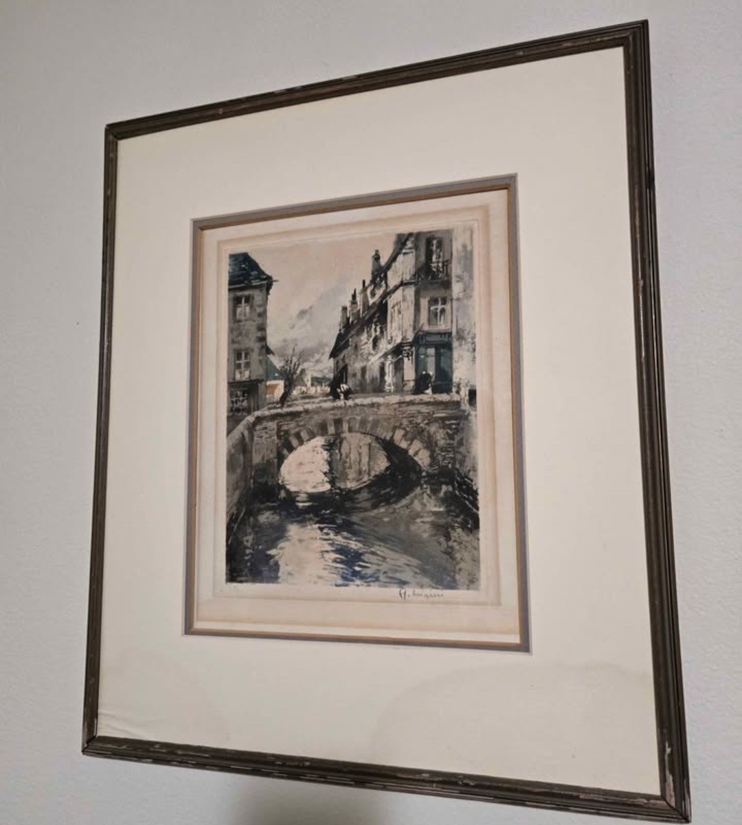 Vintage Artwork etching aquatint titled «Petit Pont» 10×13 In Frame No Glass