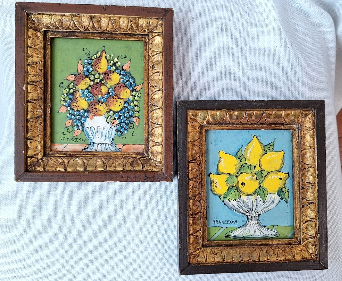 Vtg Original OOAK Paintings Lemon & Pear, French Country, Tuscan Signed 7.75X6.7