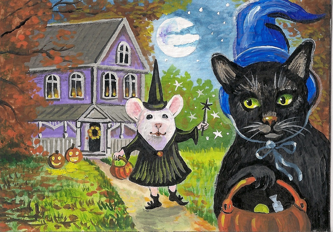 ACEO PRINT OF PAINTING BLACK CAT MOUSE MICE RYTA HALLOWEEN FOLK PUMPKINS art 🎃