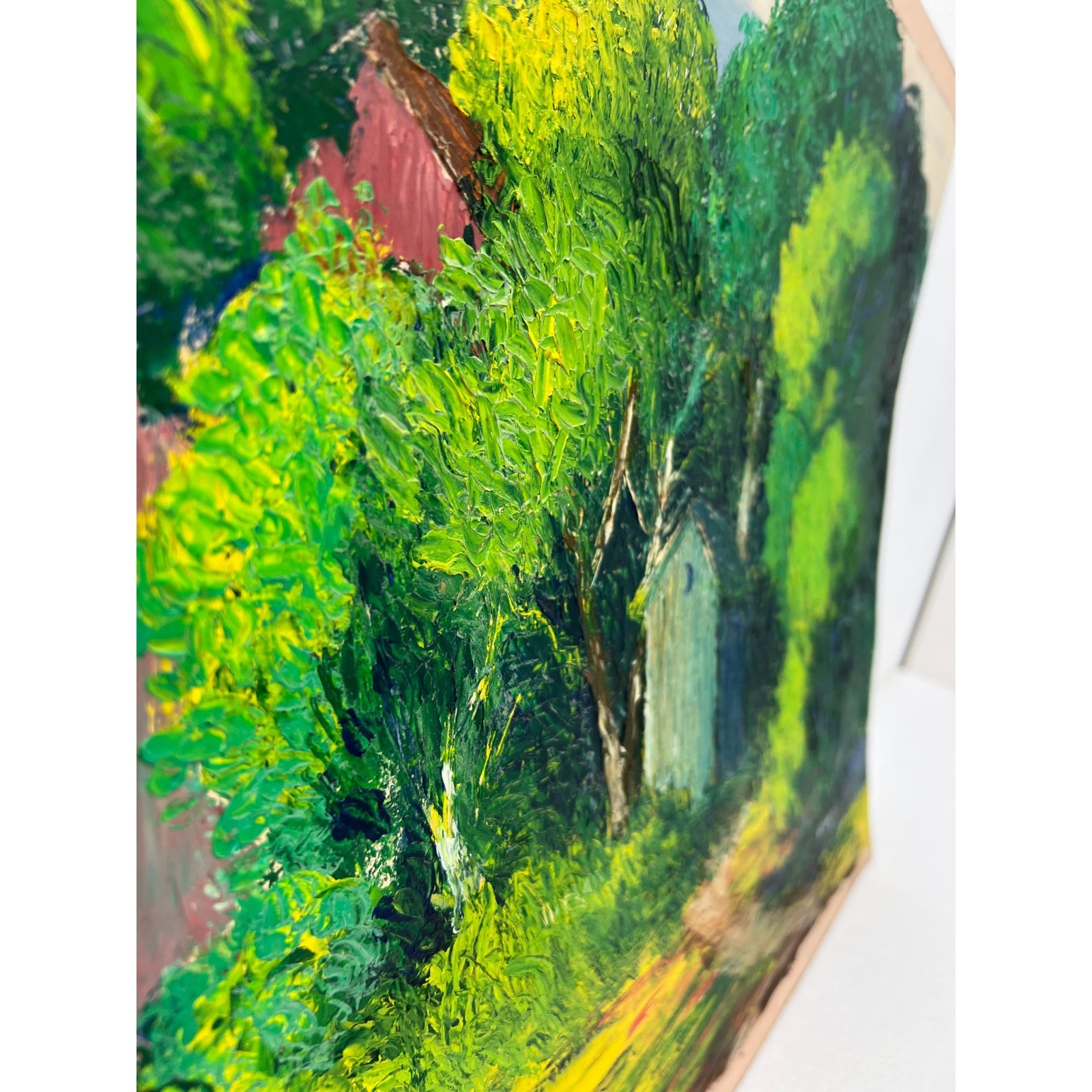 Signed Outhouse in Woods Oil Painting Impressionist Palette Knife Art H E Bayer
